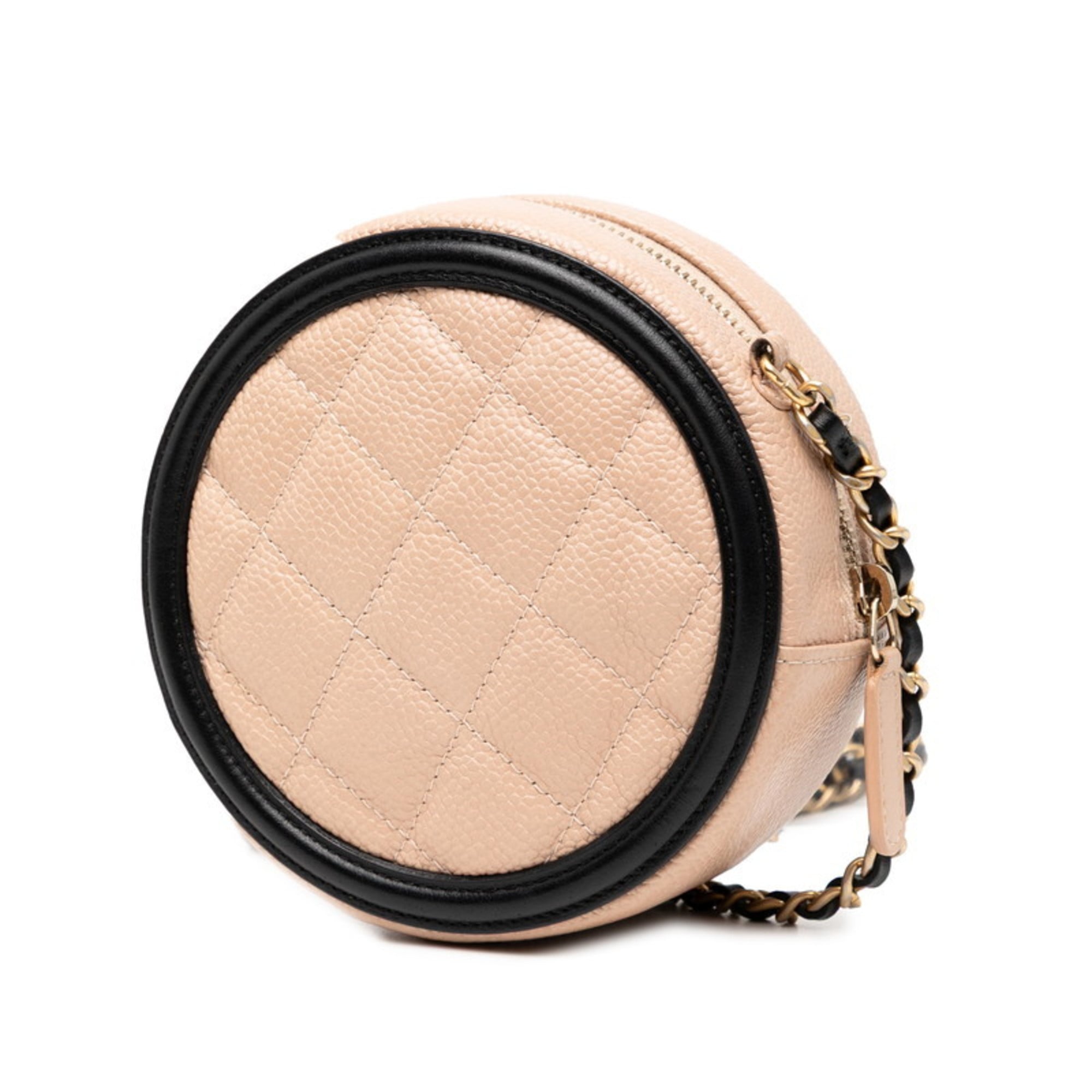 Chanel Beige Black Grained Calfskin Shoulder Bag (Pre-Owned)