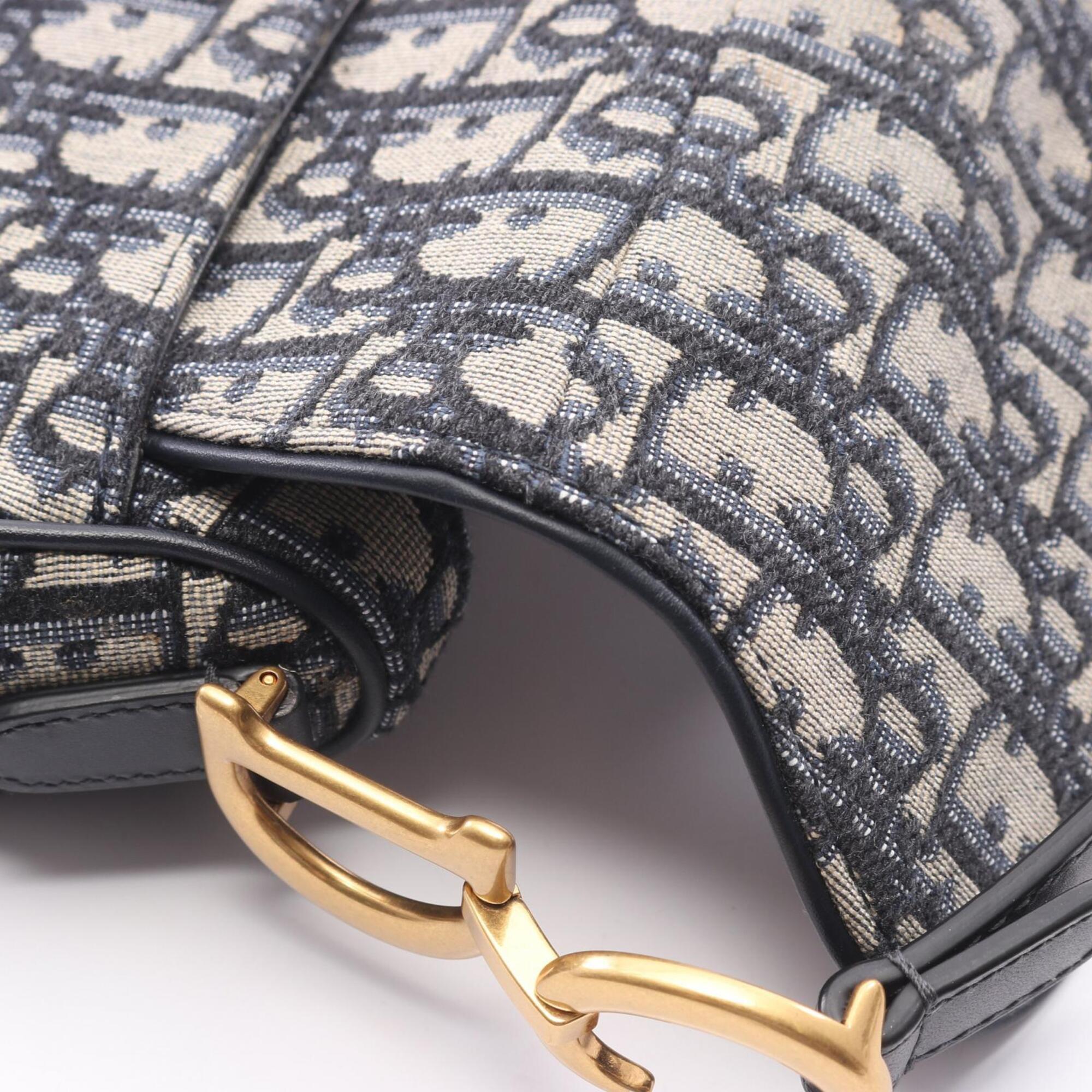 Christian Dior Beige Navy Canvas Leather Handbag Saddle Bag (Pre-Owned)
