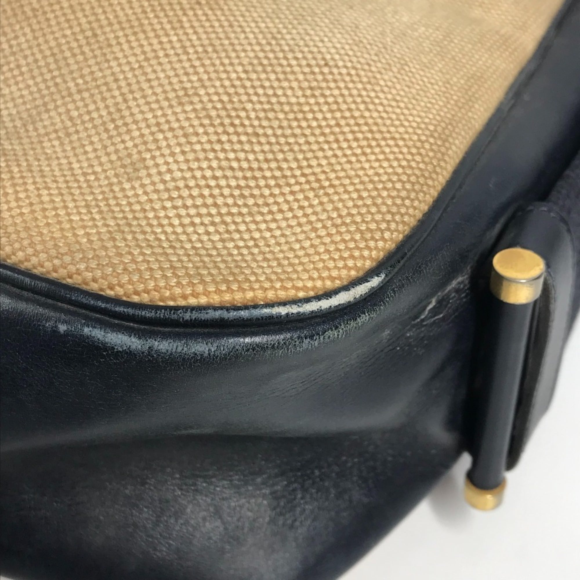 Hermes Beige Navy Leather Canvas Shoulder Bag (Pre-Owned)