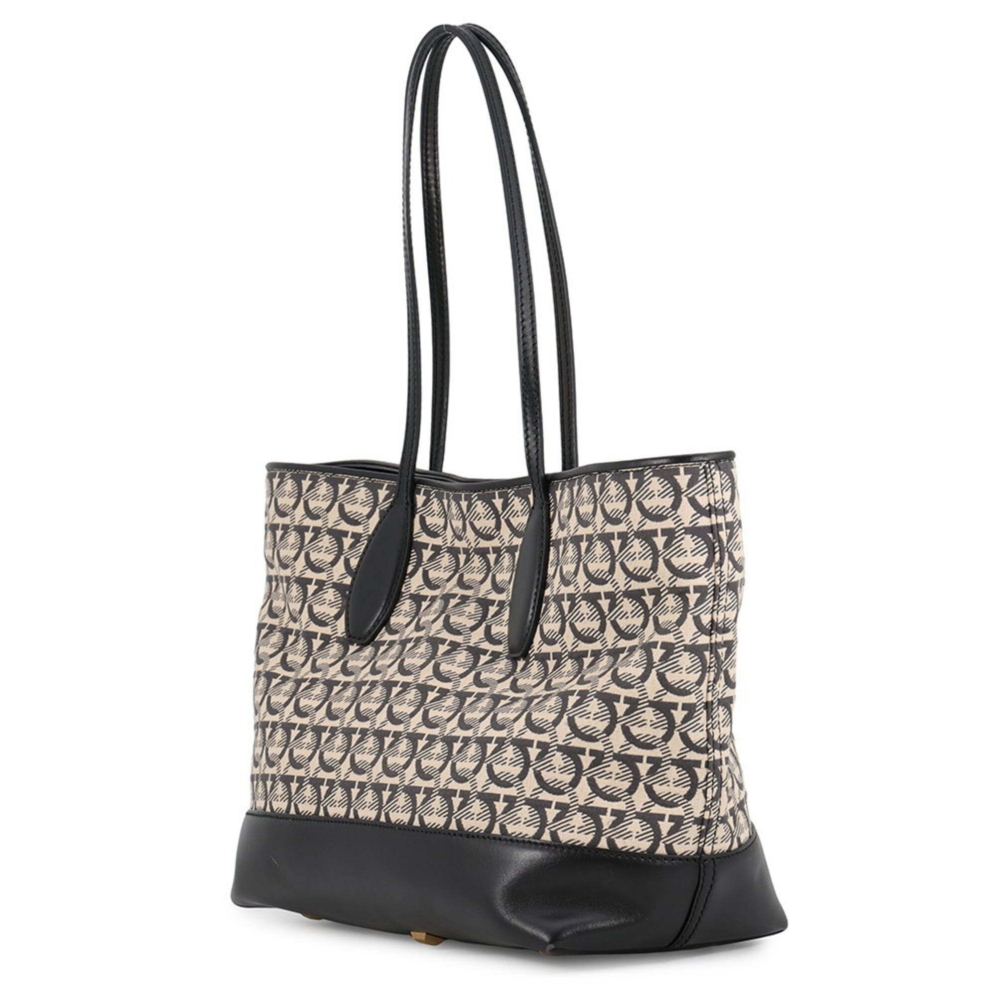 Salvatore Ferragamo Beige Black Canvas Leather Handbag Pouch Tote Bag (Pre-Owned)