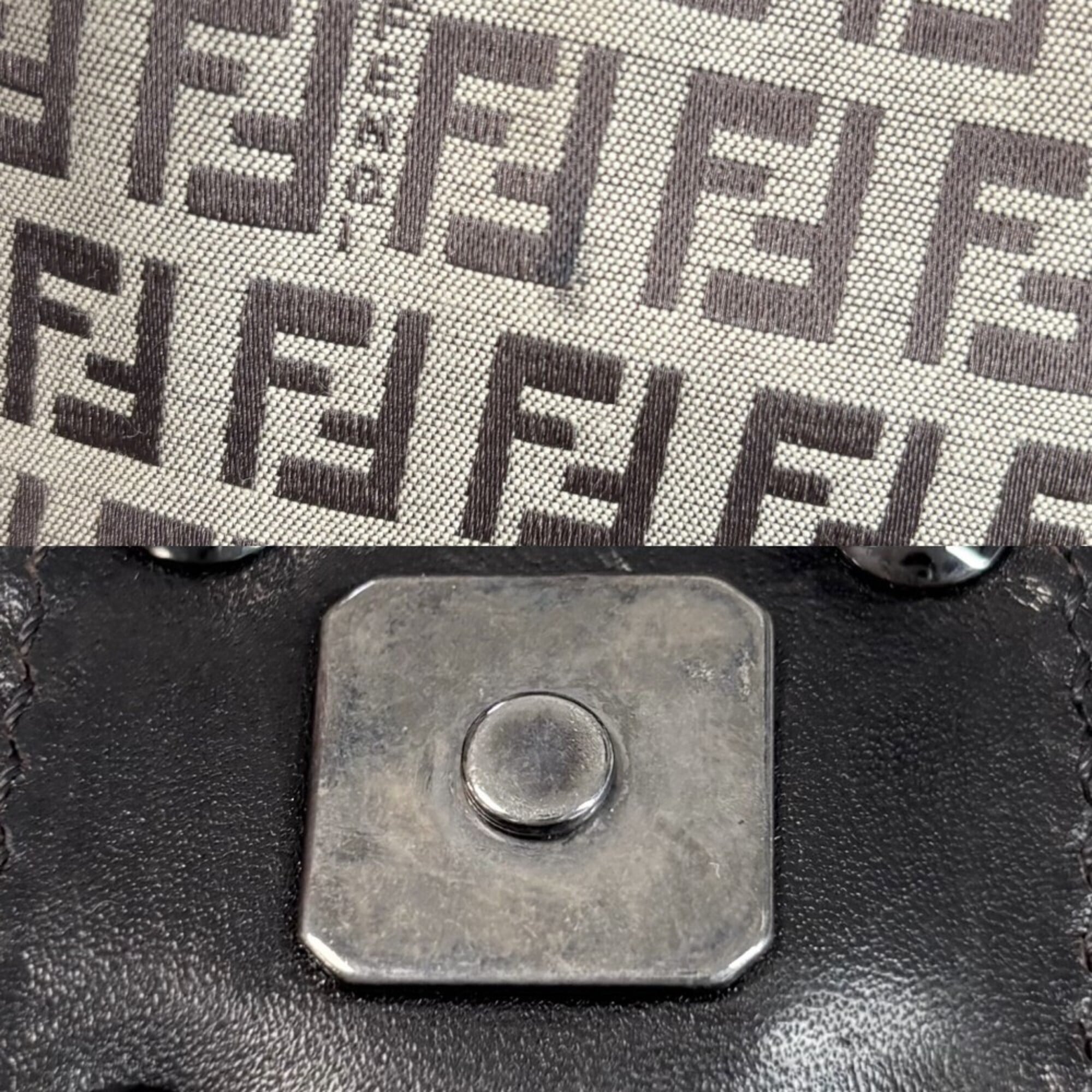 Fendi Beige Brown Gunmetal White Leather Canvas Handbag (Pre-Owned)