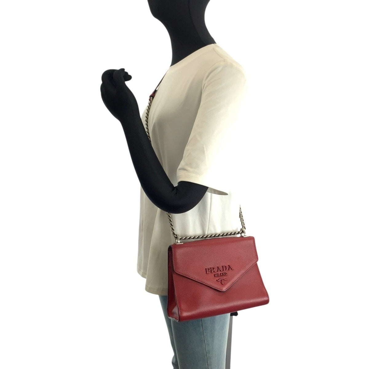 Prada Saffiano Red Color Leather Pochette Shoulder Bag (Pre-Owned)