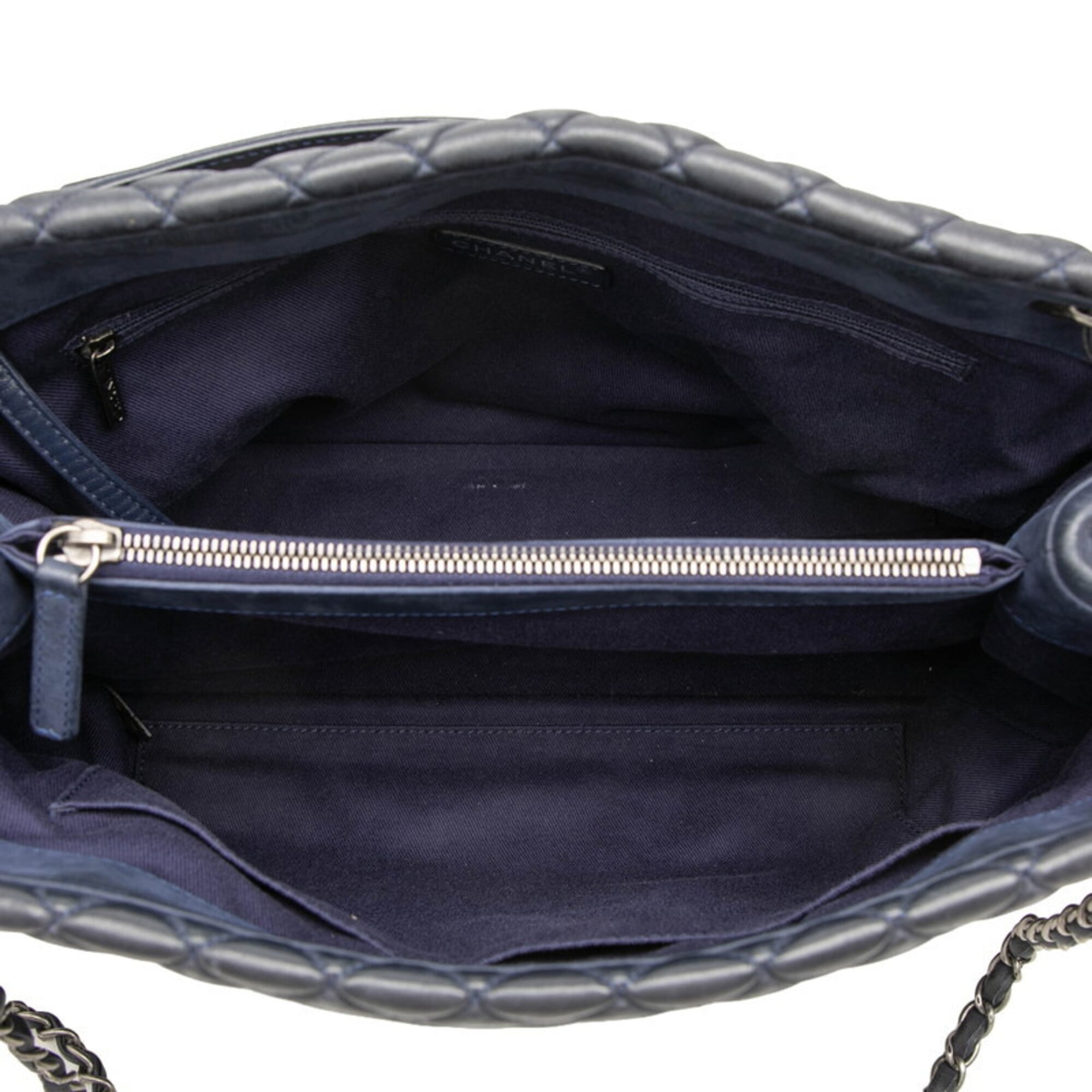 Chanel Navy Silver Leather Shoulder Bag Tote Bag (Pre-Owned)