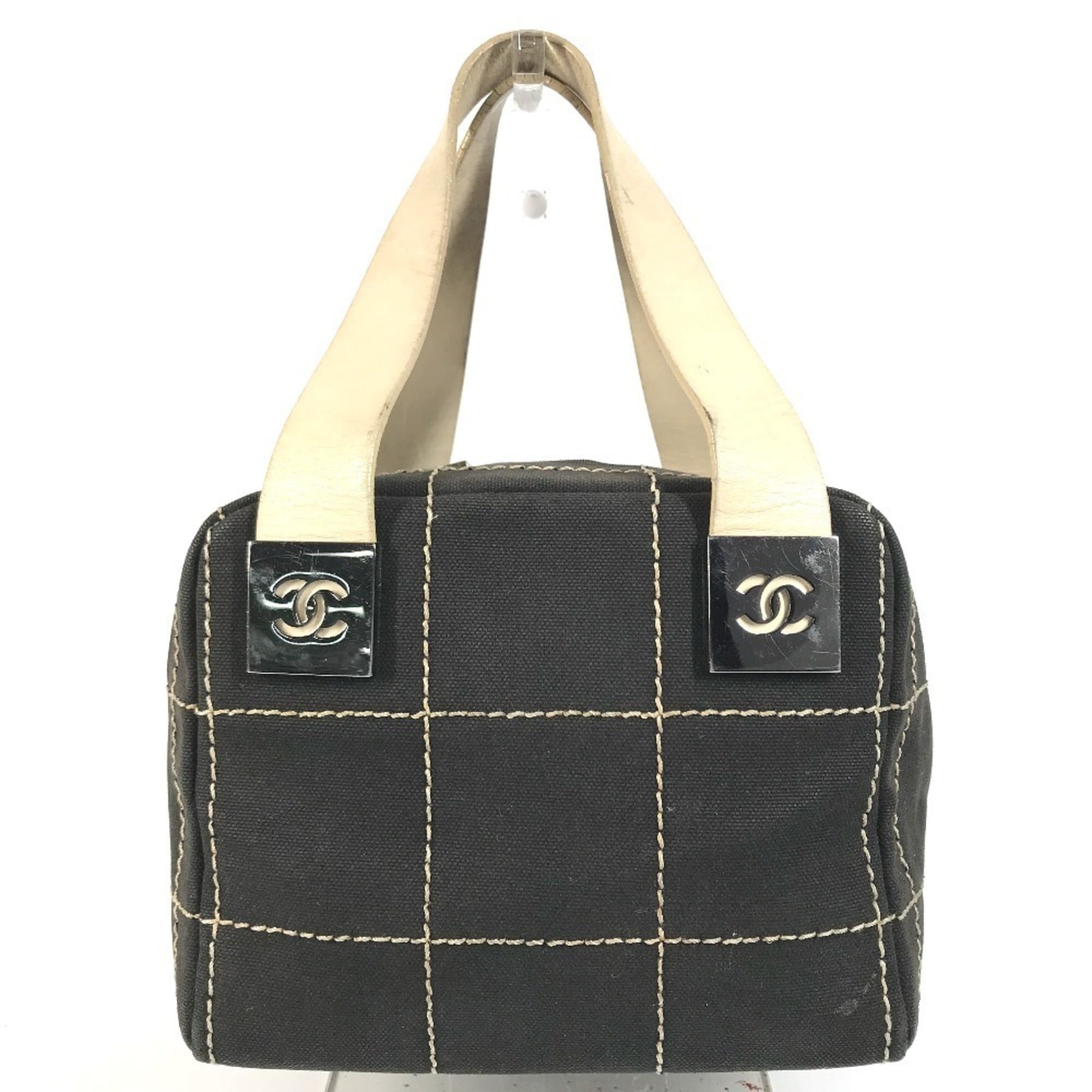 Chanel Chocolate Bar Black White Leather Canvas Boston Bag Handbag (Pre-Owned)