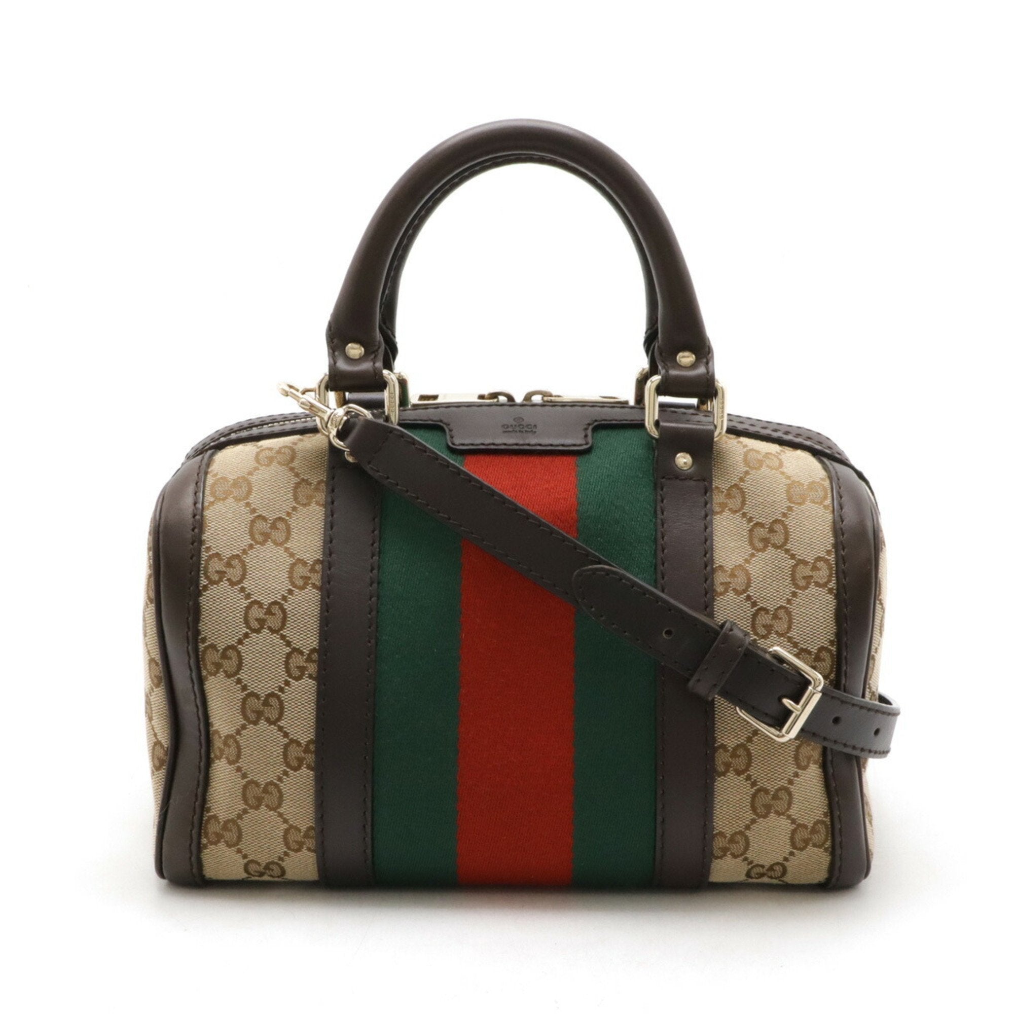 Gucci Beige Dark Brown Green Khaki Red Color Canvas Leather Handbag Shoulder Bag (Pre-Owned)
