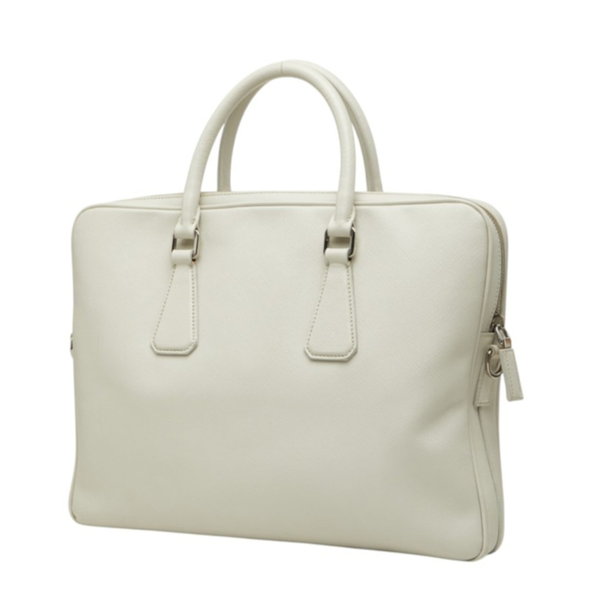Prada White Saffiano Triangle Leather Briefcase Handbag (Pre-Owned)