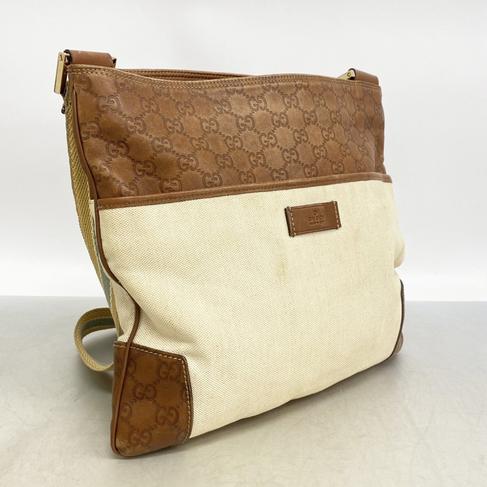 Gucci Beige Brown Canvas Leather Shoulder Bag (Pre-Owned)