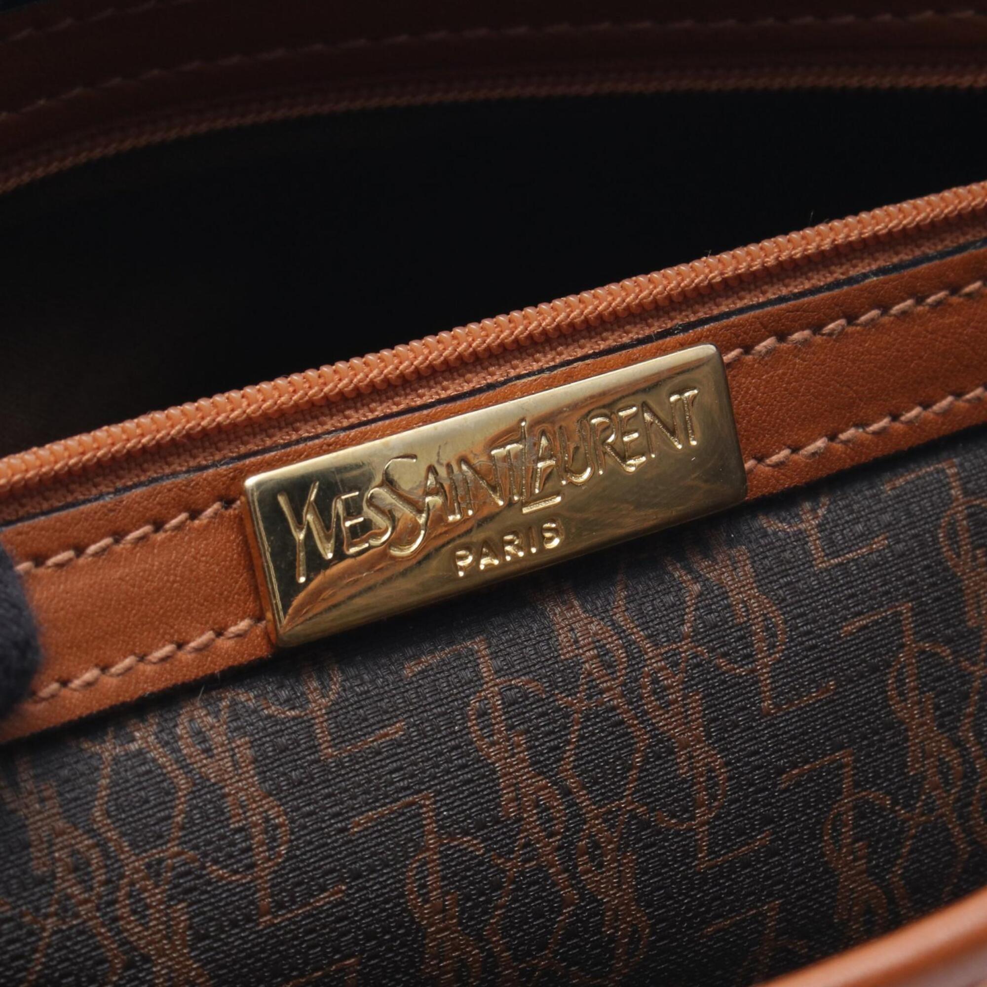 Yves Saint Laurent Brown Gray Coated Canvas Leather Shoulder Bag (Pre-Owned)