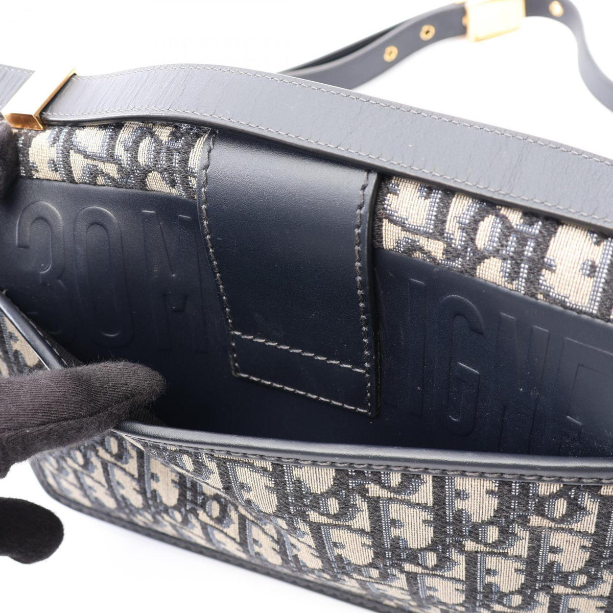 Christian Dior Beige Navy Canvas Leather Shoulder Bag (Pre-Owned)