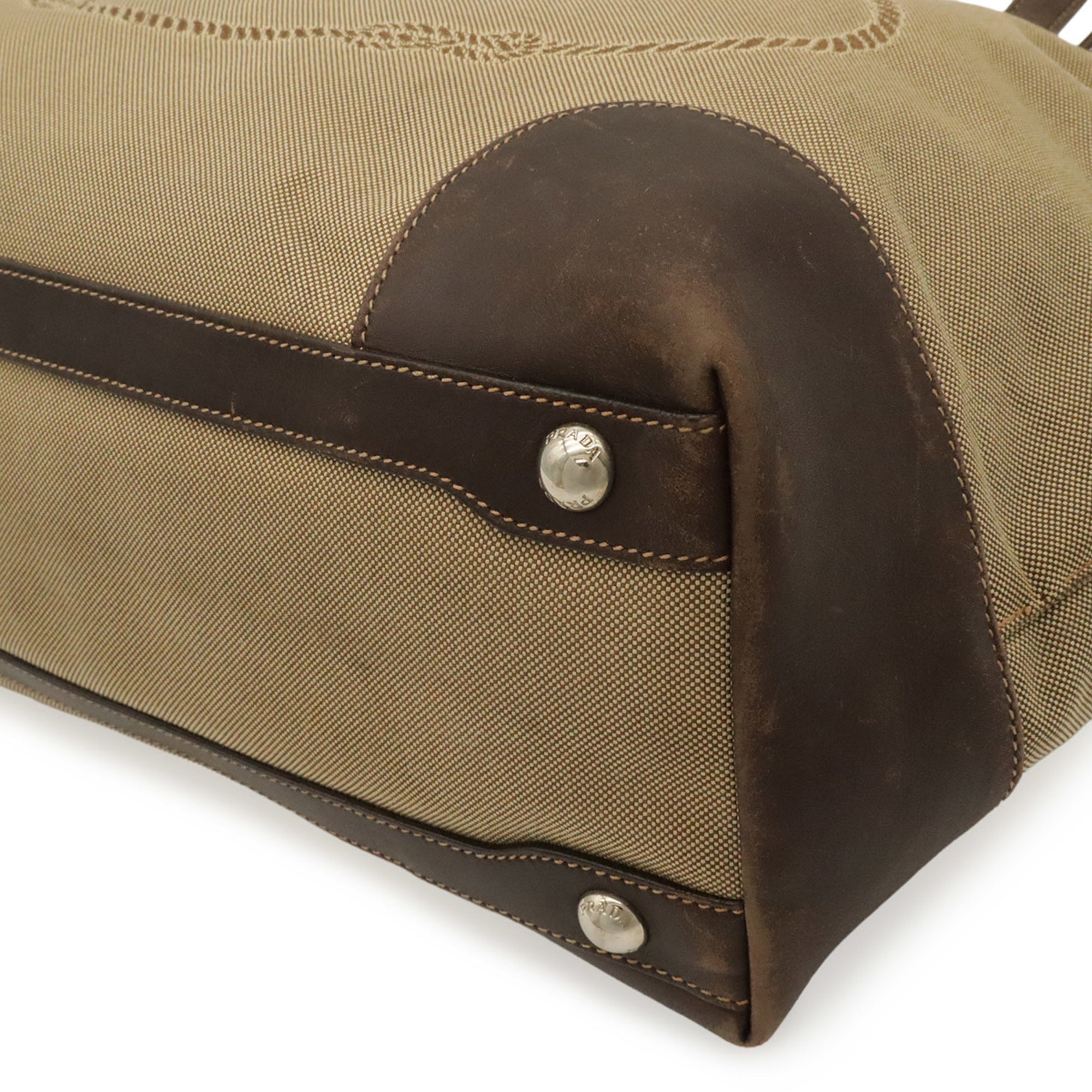 Prada Beige Dark Brown Khaki Canvas Leather Shoulder Bag Tote Bag (Pre-Owned)