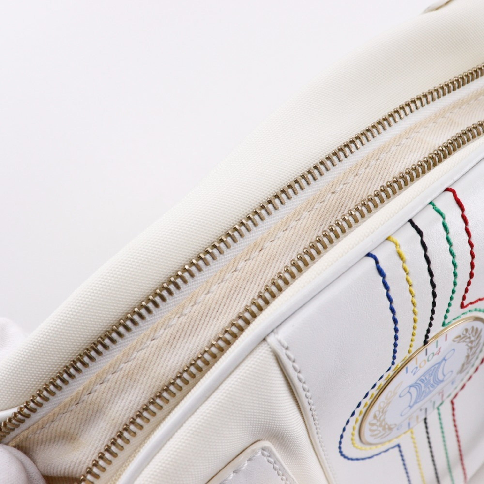 Celine White Nylon Canvas Leather Boston Bag Handbag (Pre-Owned)