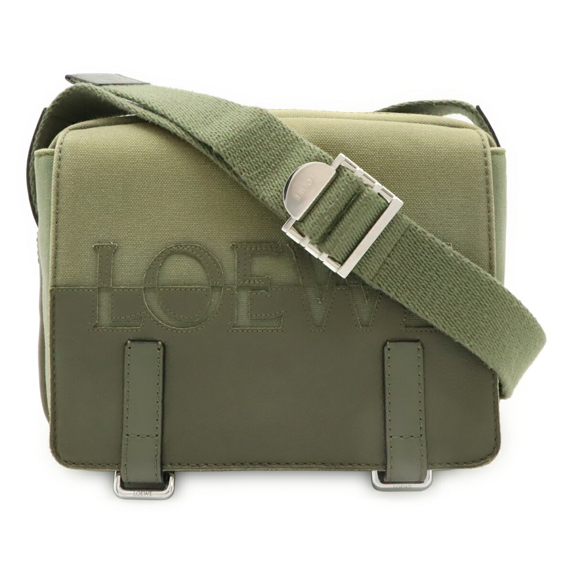 Loewe Green Khaki Canvas Leather Messenger Bag Shoulder Bag (Pre-Owned)