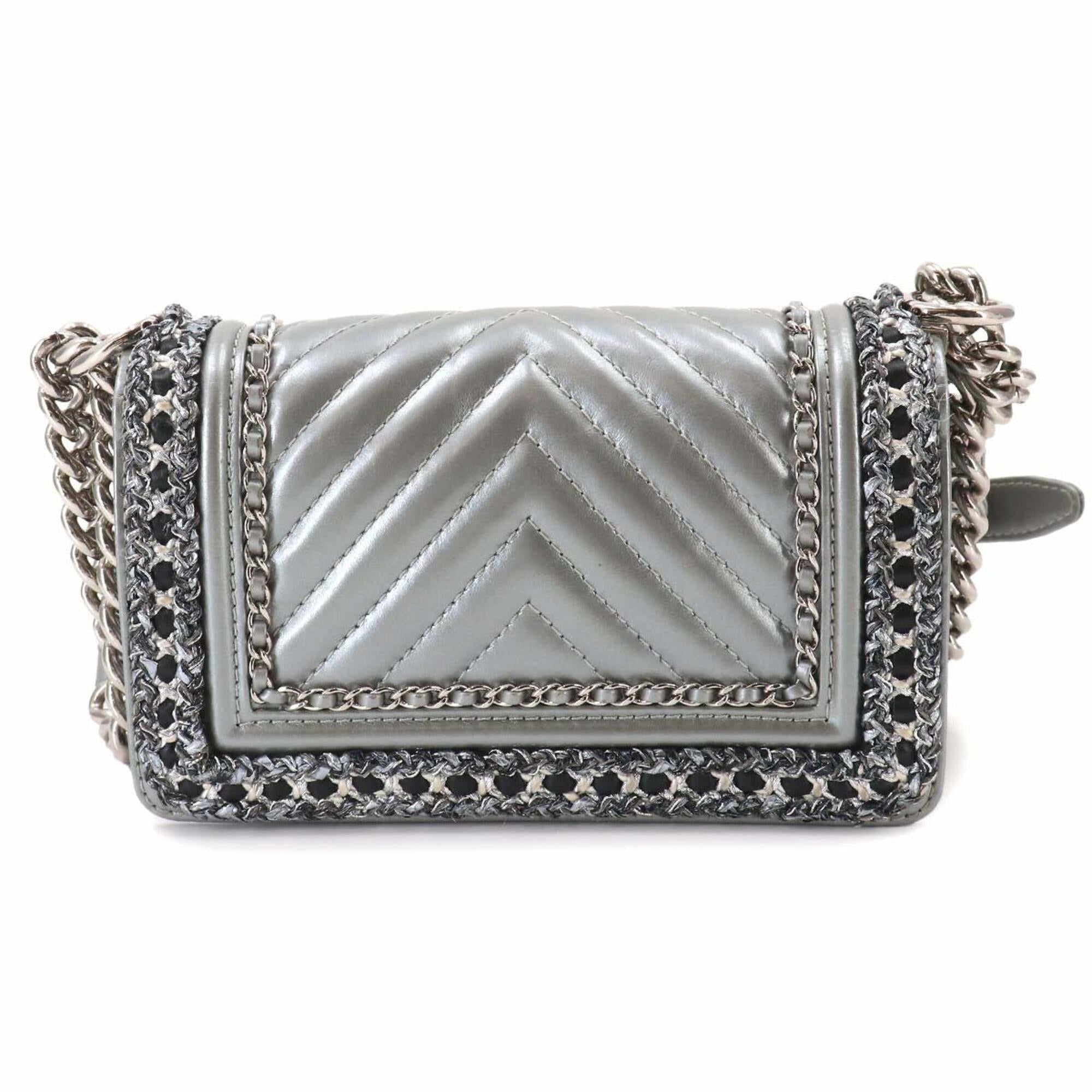 Chanel Boy Chanel Silver Tweed Leather Handbag Shoulder Bag (Pre-Owned)