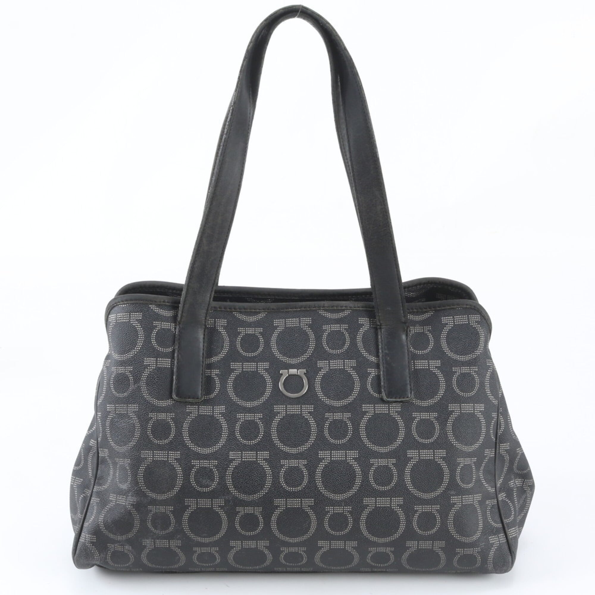 Salvatore Ferragamo Black Leather Coated Canvas Handbag Shoulder Bag Tote Bag (Pre-Owned)