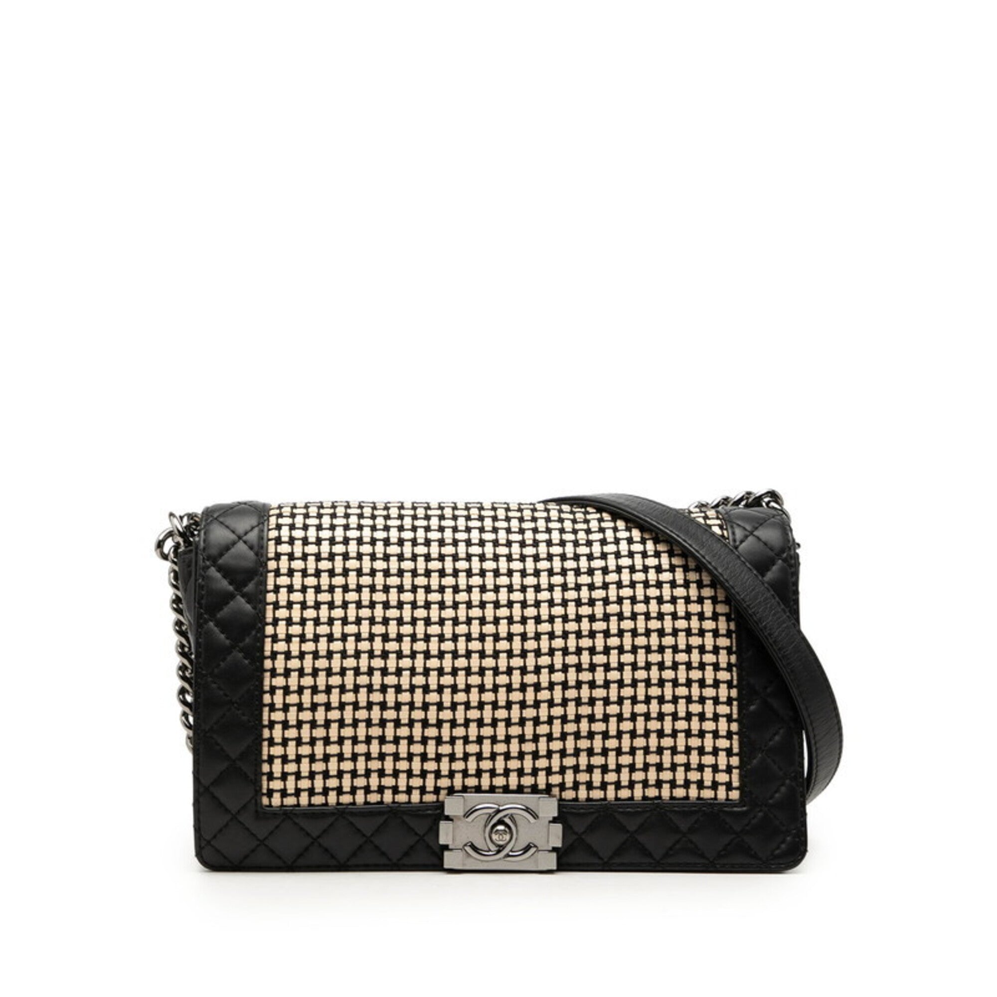 Chanel Beige Black Leather Shoulder Bag (Pre-Owned)