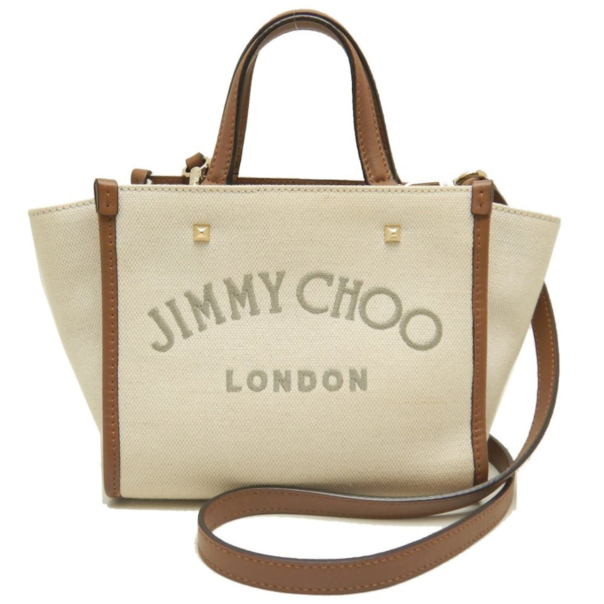 Jimmy Choo Brown Ivory Cotton Canvas Leather Tote Bag (Pre-Owned)