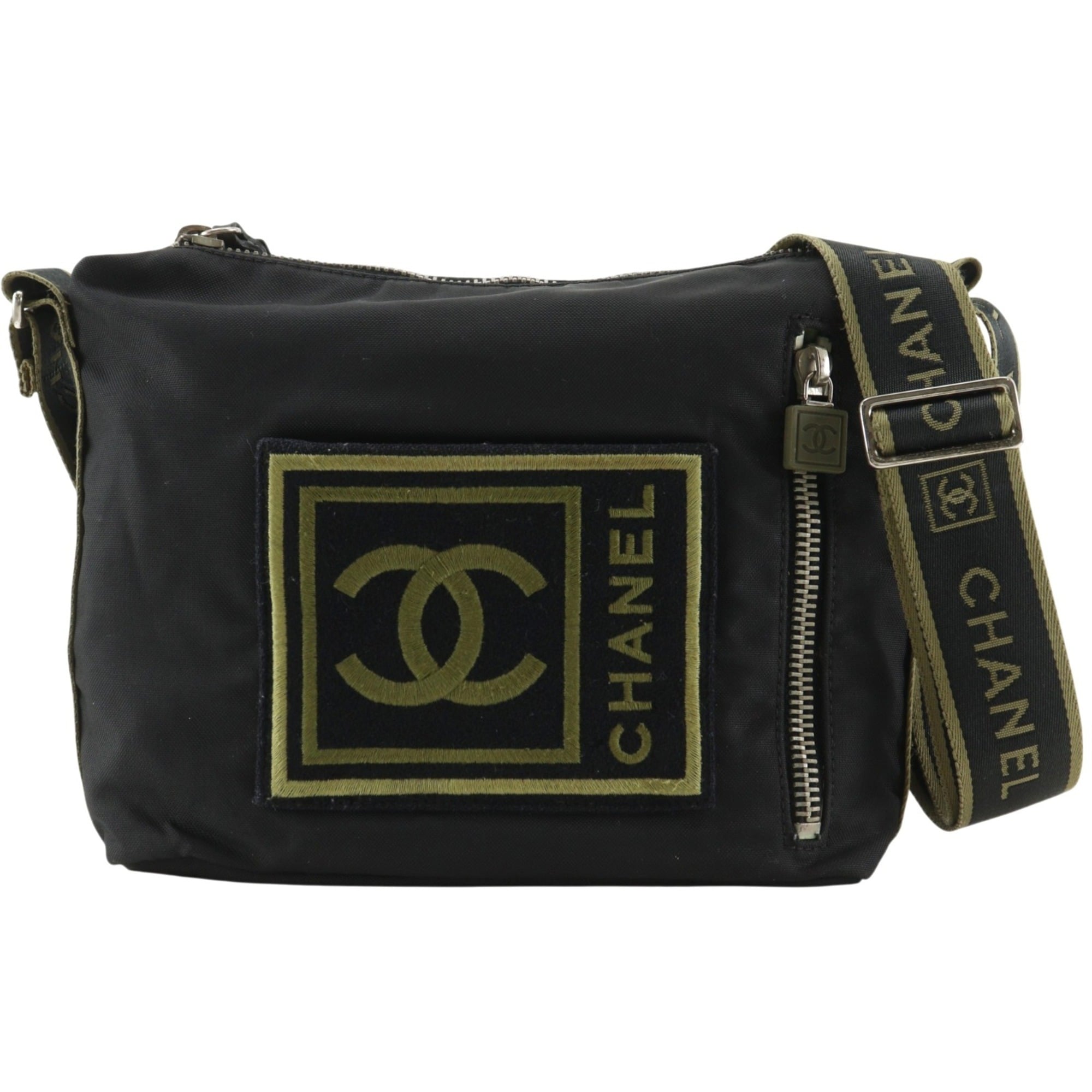 Chanel Black Khaki Nylon Canvas Shoulder Bag (Pre-Owned)