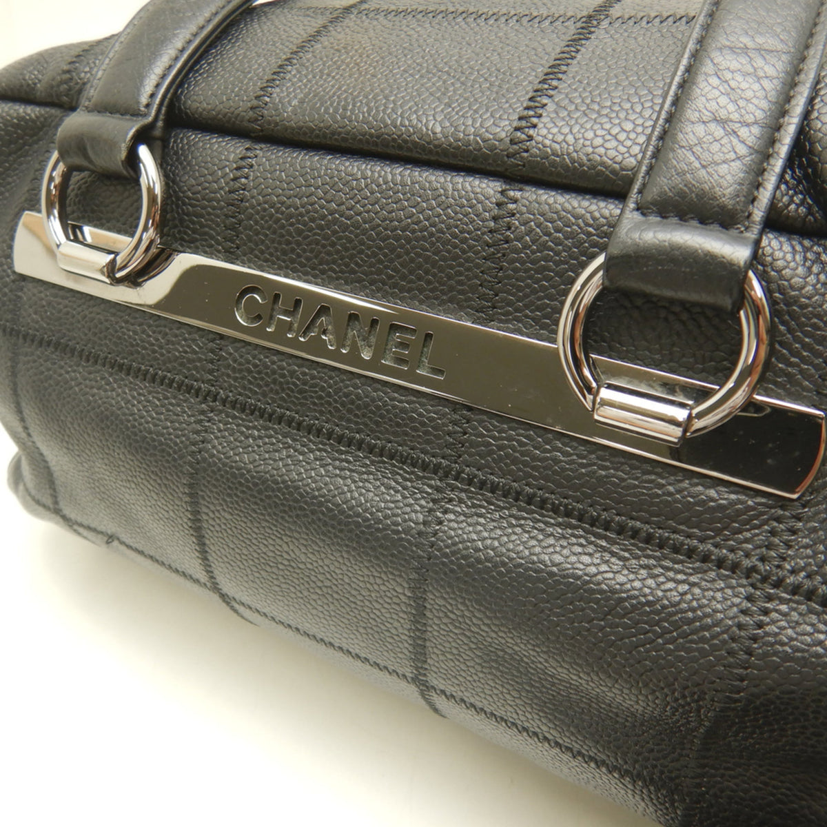 Chanel Chocolate Bar Black Grained Calfskin Boston Bag Handbag (Pre-Owned)