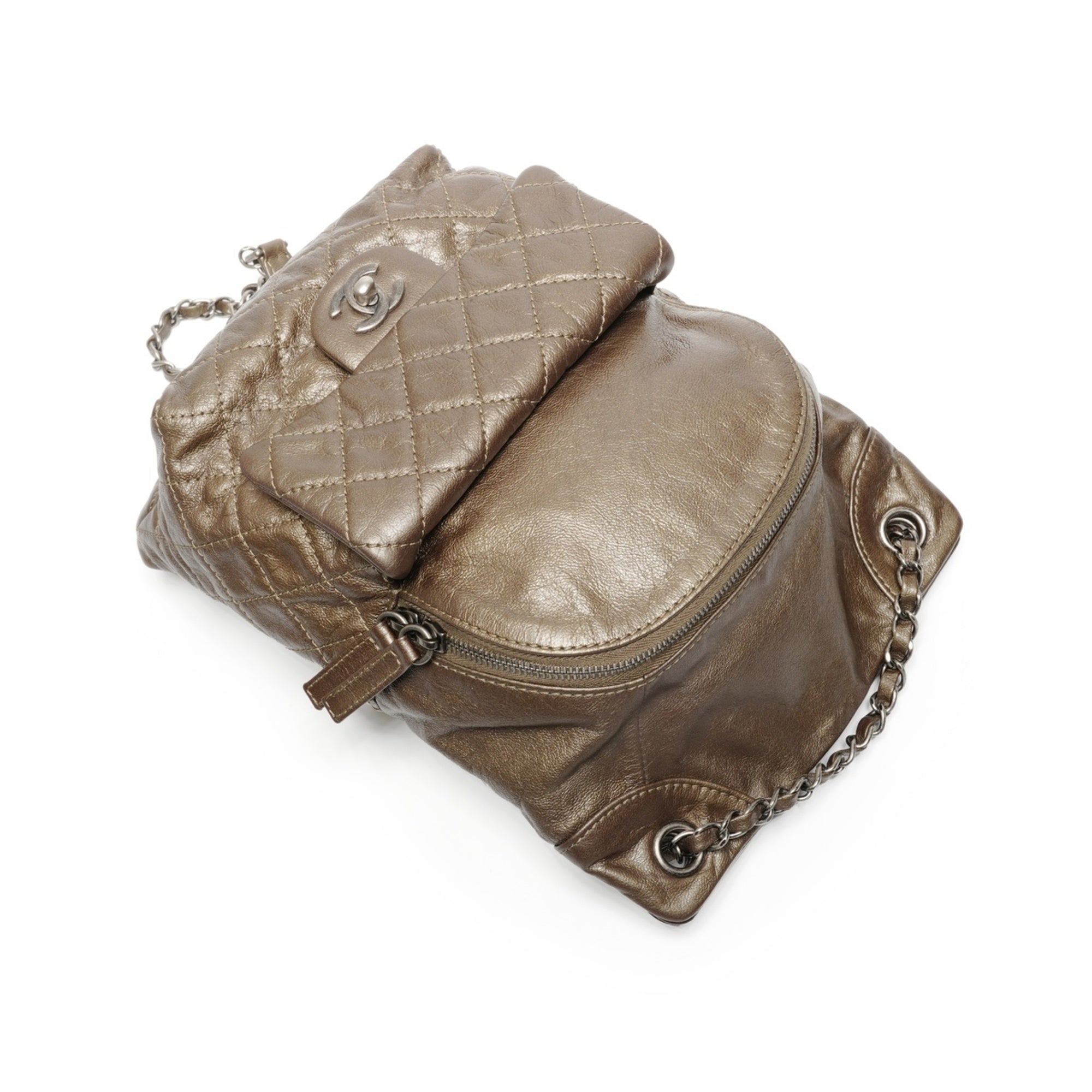 Chanel Matelasse Khaki Leather Backpack (Pre-Owned)