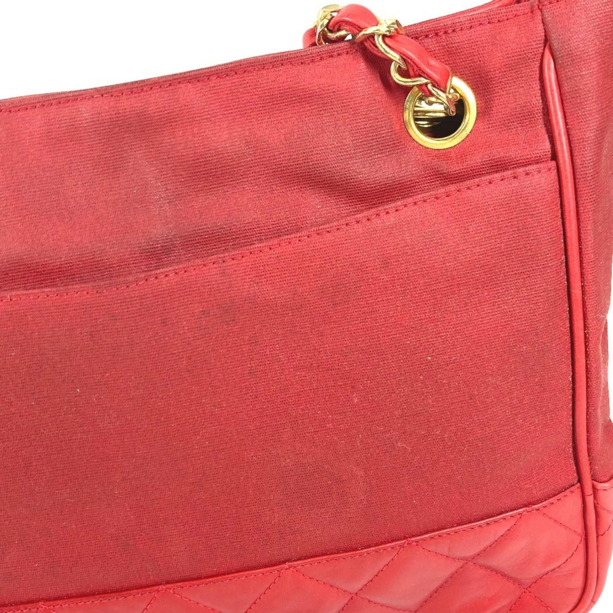 Chanel Red Color Leather Coated Canvas Shoulder Bag Tote Bag (Pre-Owned)
