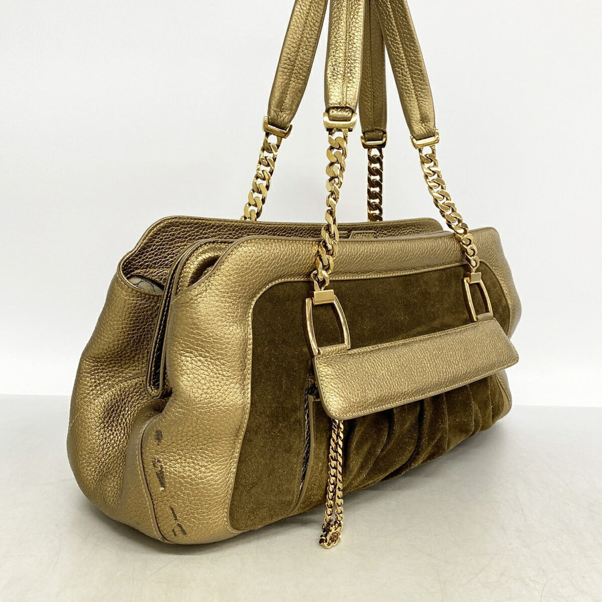 Cartier Brown Metallic Gold Suede Leather Shoulder Bag (Pre-Owned)