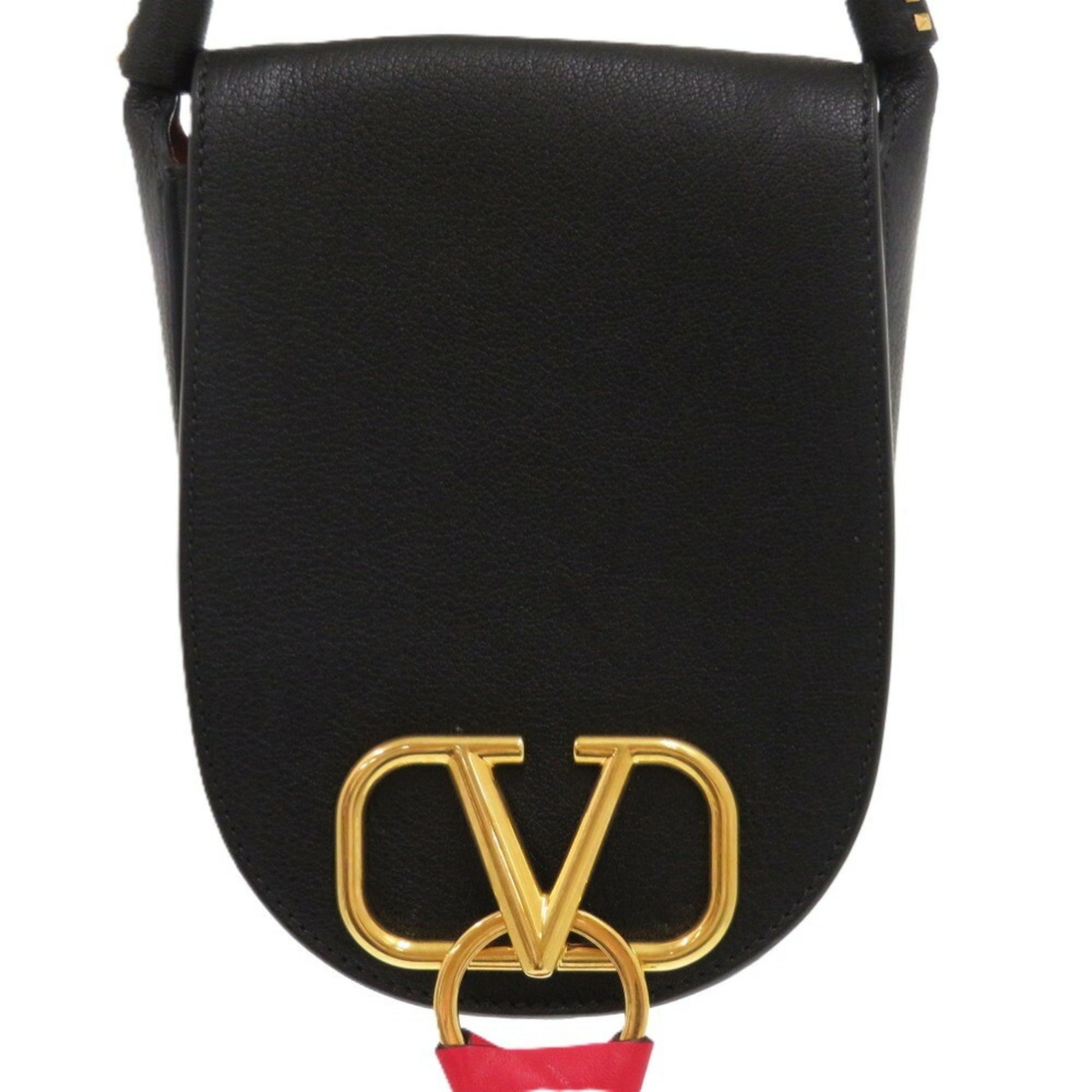 Valentino Garavani Black Red Color Leather Shoulder Bag (Pre-Owned)