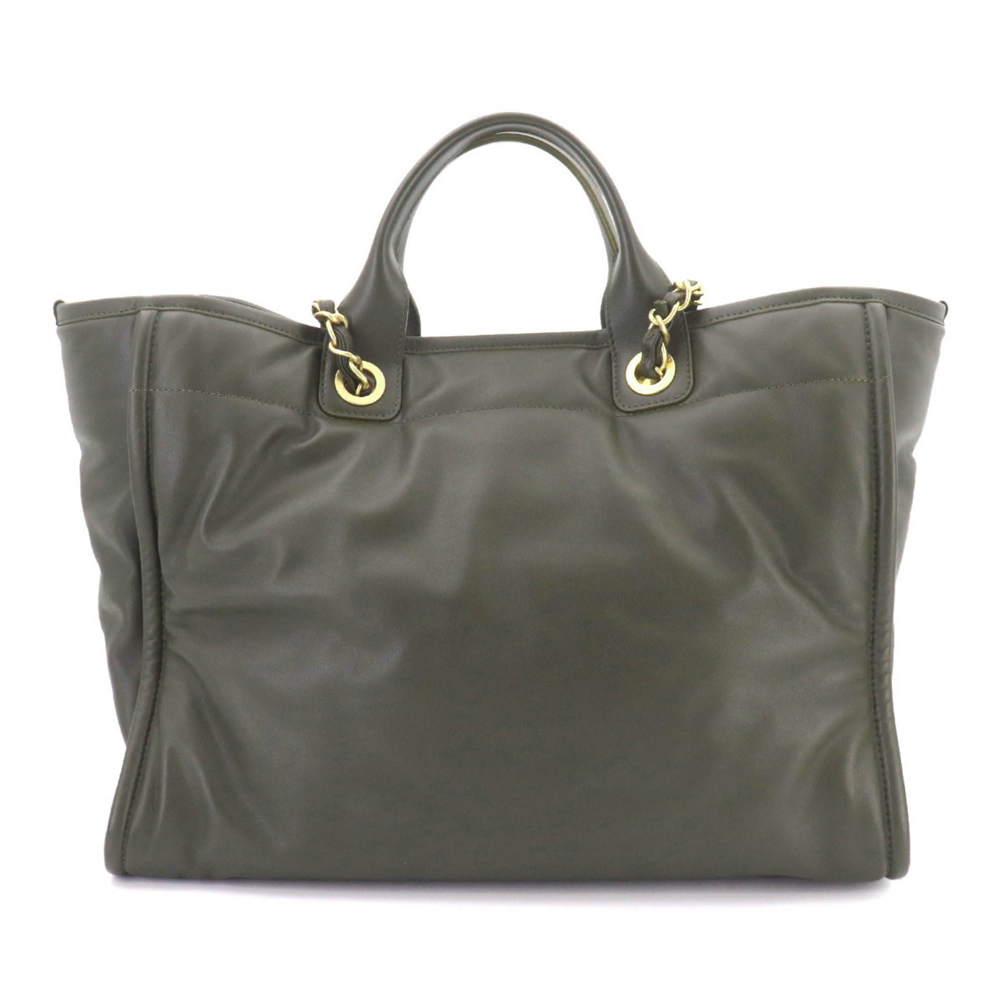 Chanel Khaki Leather Handbag Pouch Tote Bag (Pre-Owned)