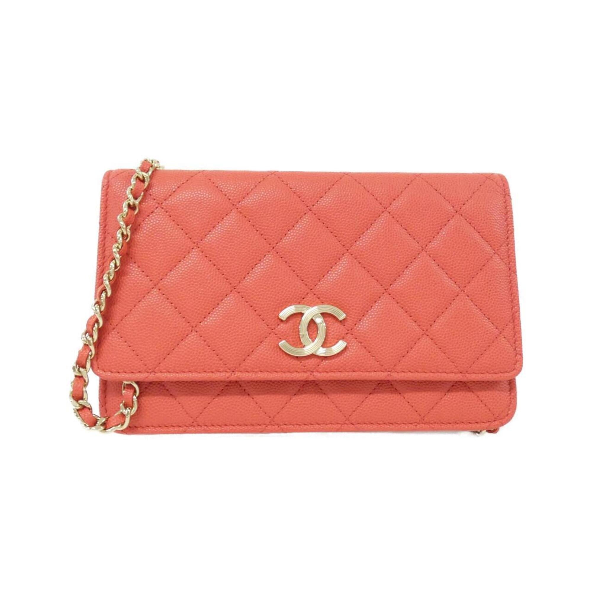Chanel Red Color Grained Calfskin Chain/Shoulder Wallet (Pre-Owned)