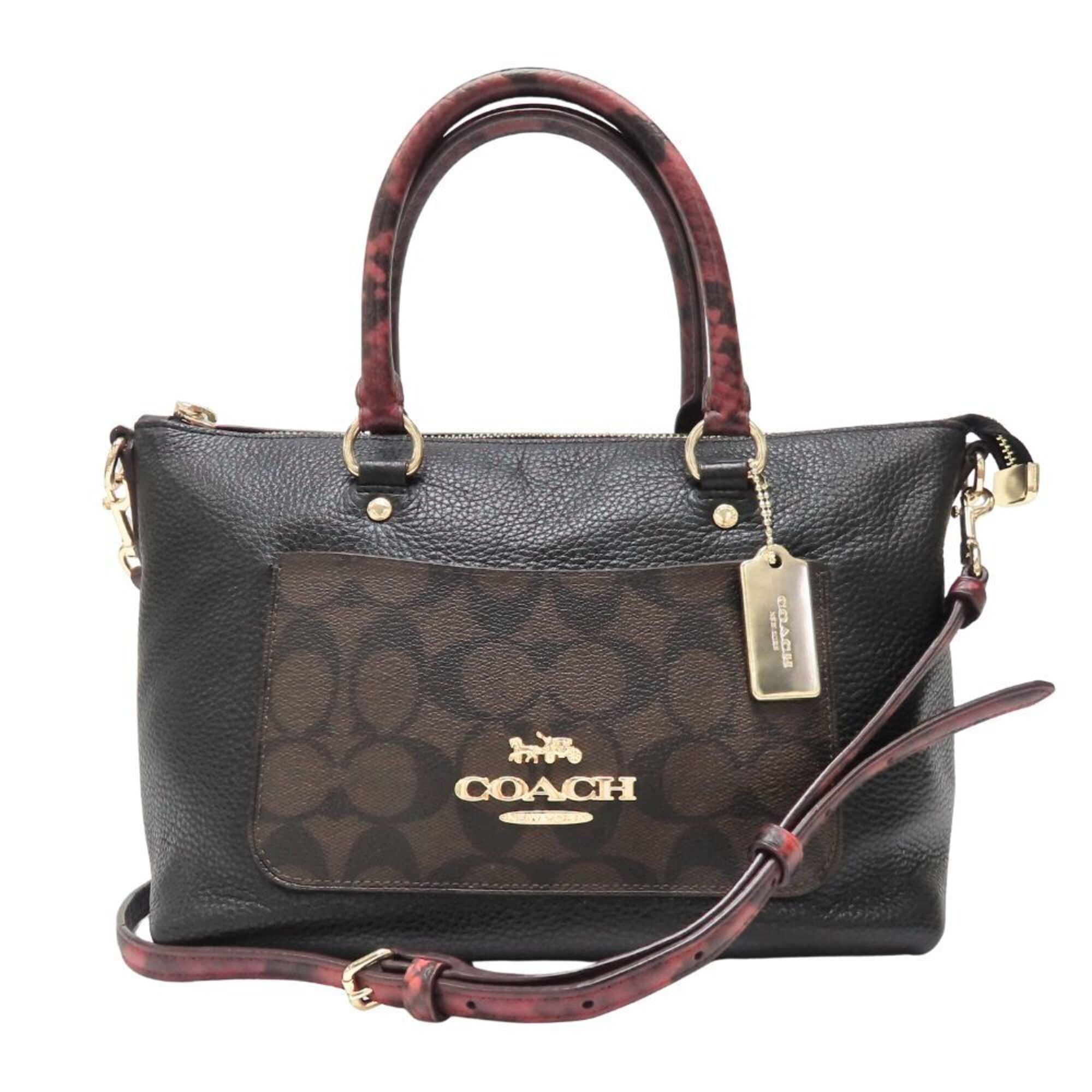 Coach Signature Black Bordeaux Brown Leather Coated Canvas Handbag (Pre-Owned)