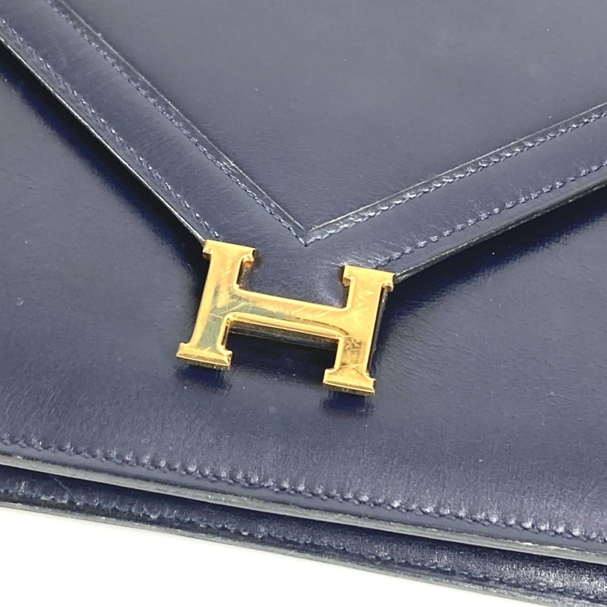 Hermes Navy Box Calf Leather Clutch Bag Shoulder Bag (Pre-Owned)