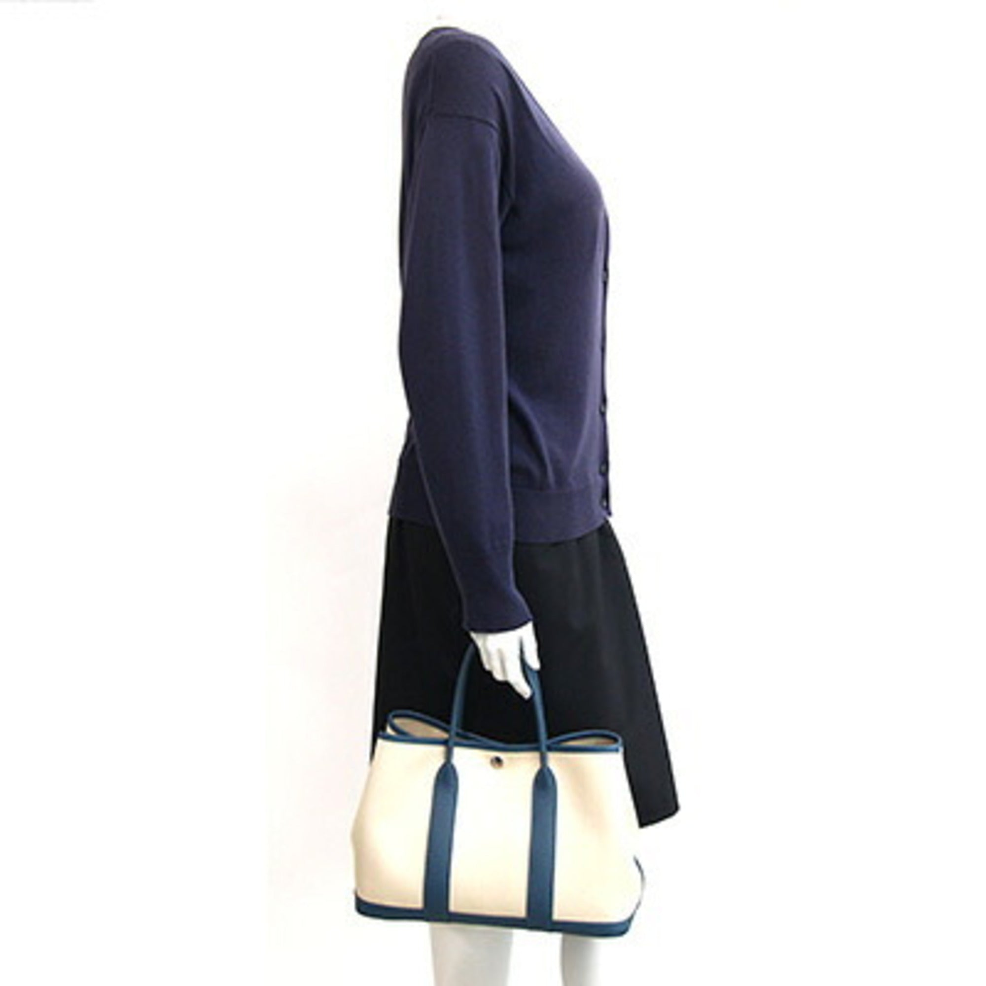 Hermes Beige Blue Toile Chevron Handbag Tote Bag (Pre-Owned)