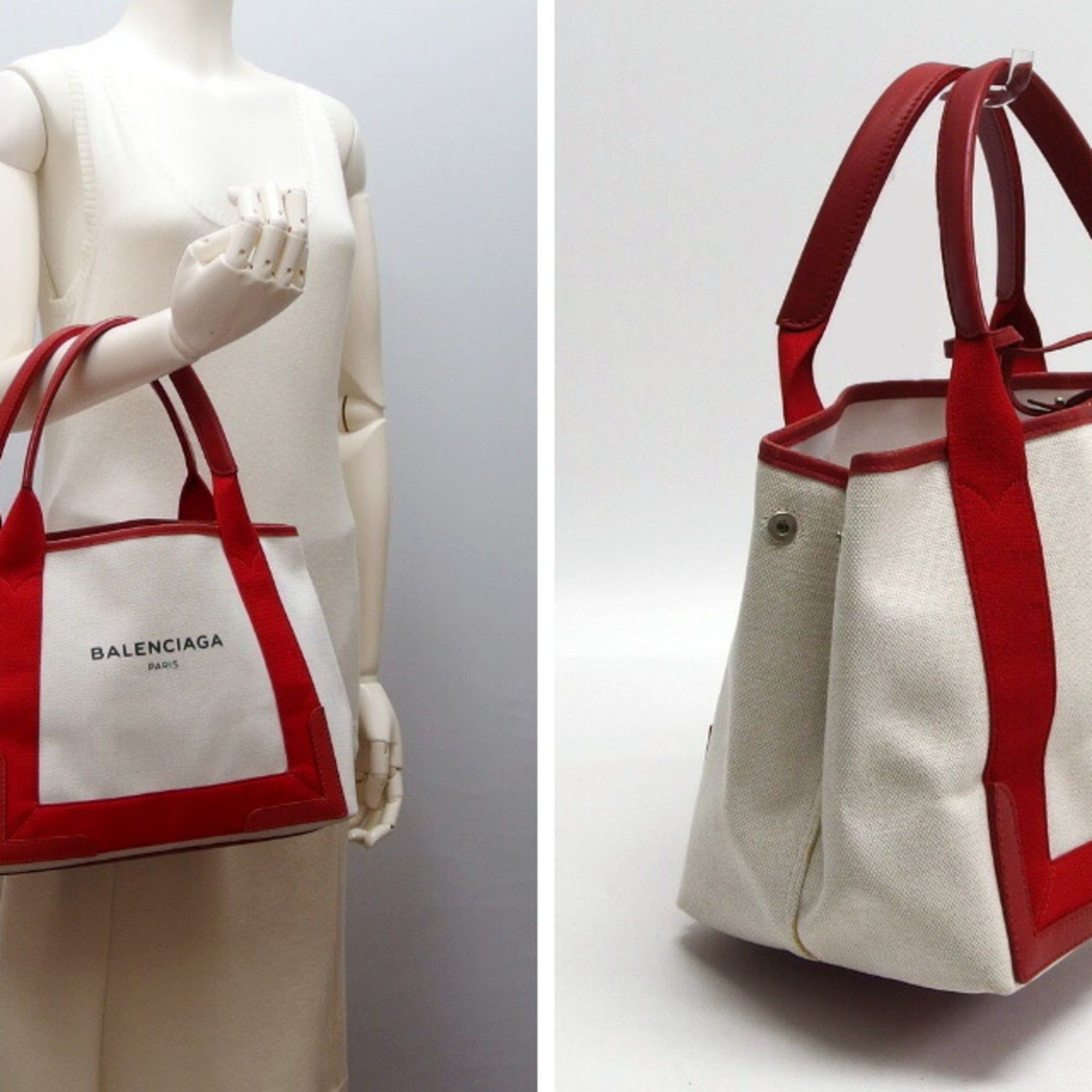 Balenciaga Red Color White Canvas Leather Handbag Tote Bag (Pre-Owned)