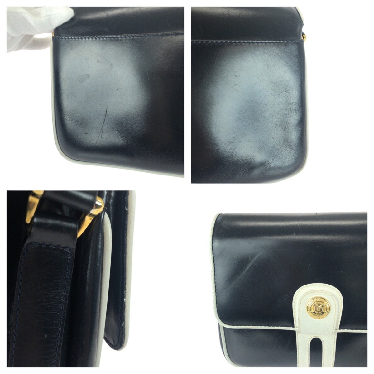 Celine Navy White Leather Pochette Shoulder Bag (Pre-Owned)