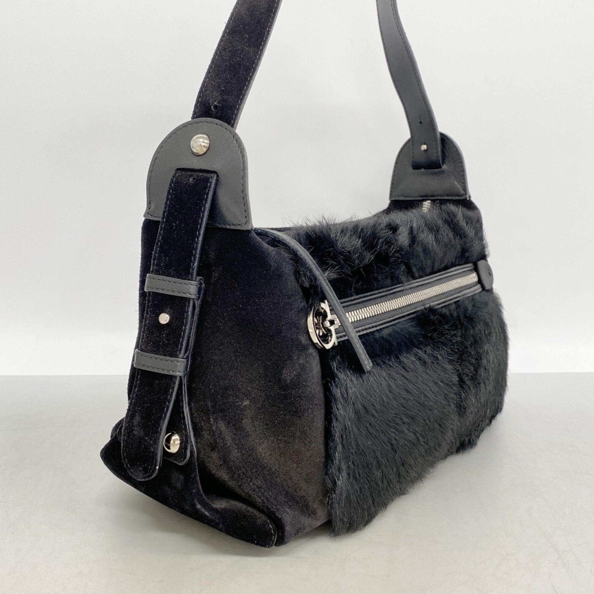 Salvatore Ferragamo Black Suede Fur Shoulder Bag (Pre-Owned)