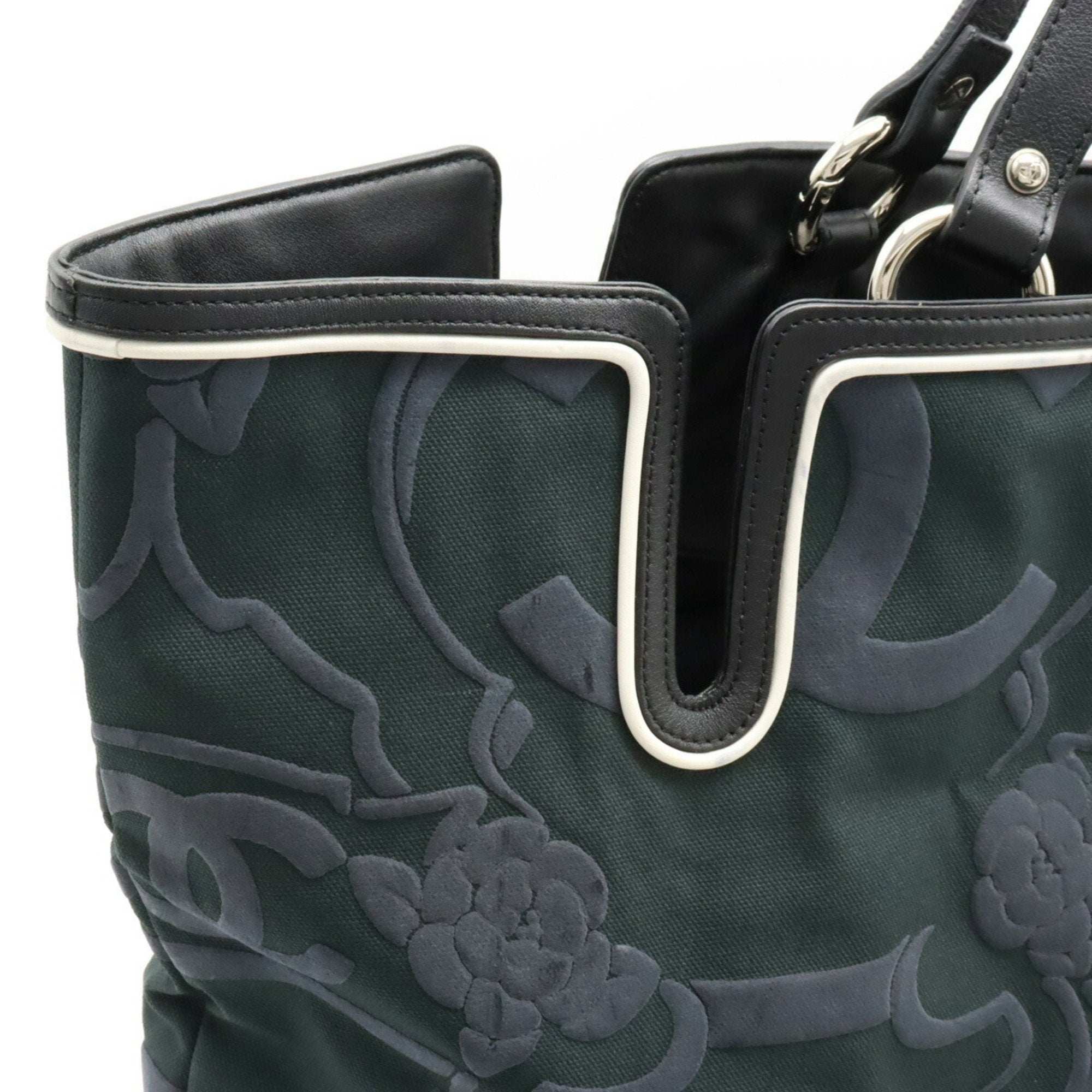 Chanel Black Navy Canvas Leather Shoulder Bag Tote Bag (Pre-Owned)