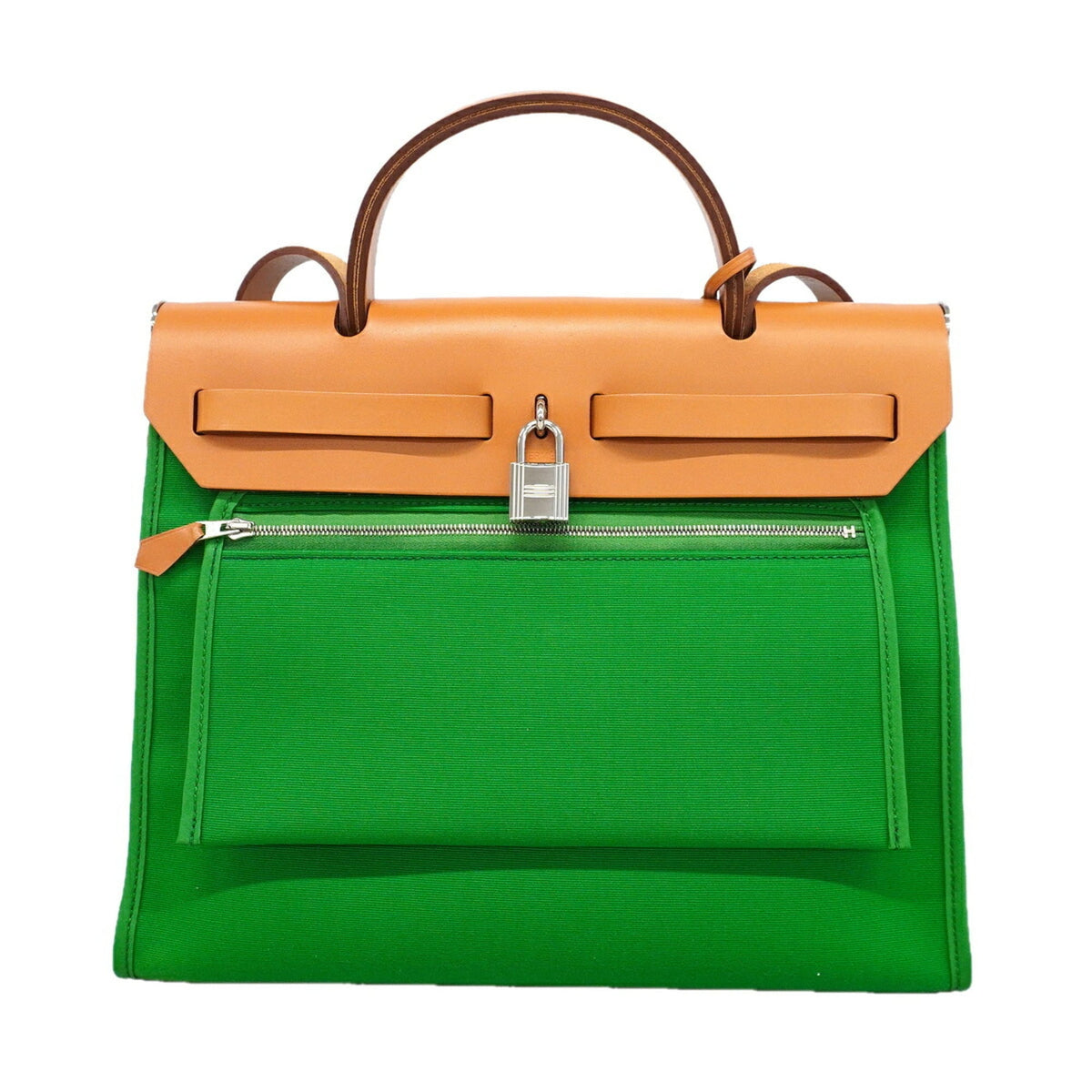 Hermes Green Natural Toile Officier Handbag (Pre-Owned)