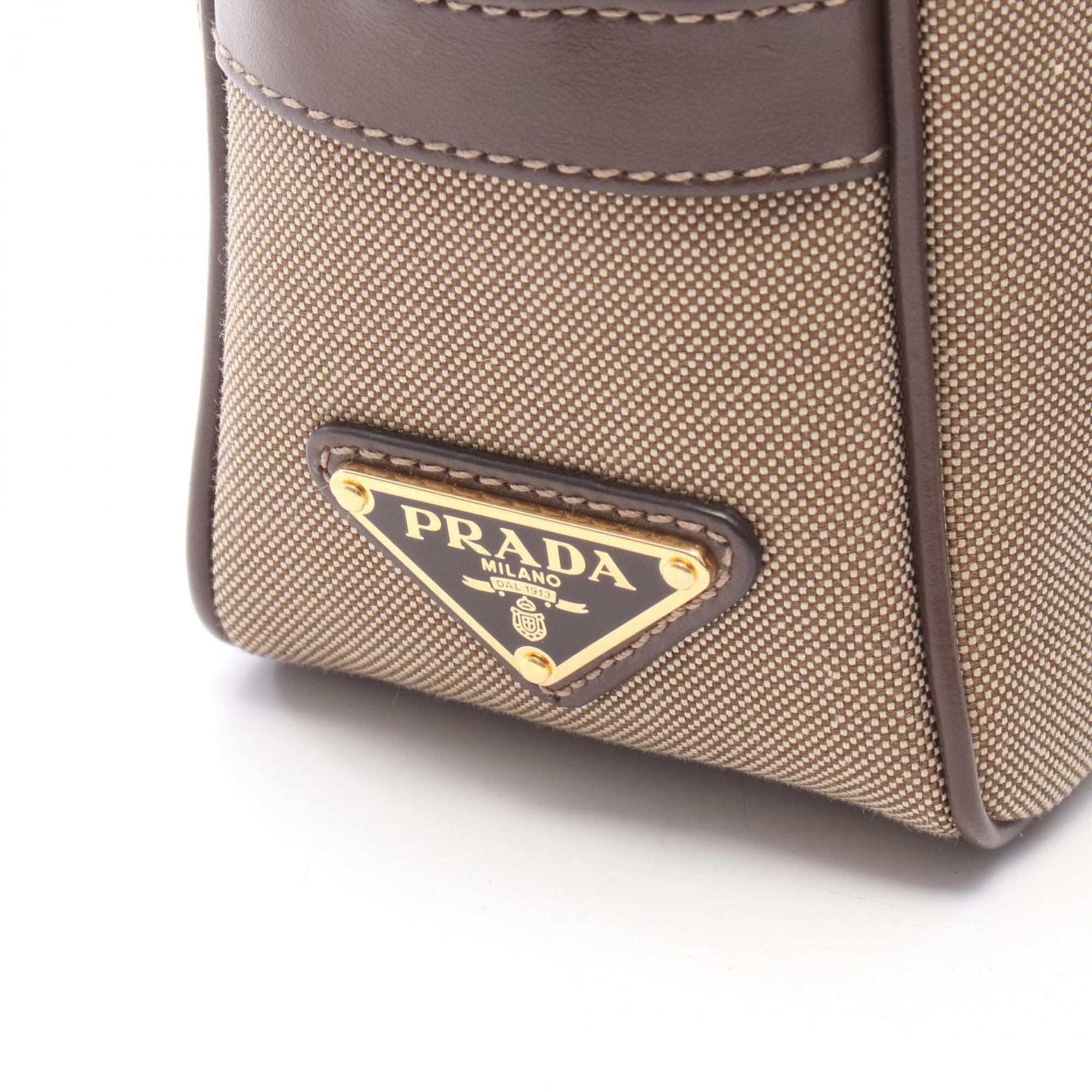 Prada Brown Gray Canvas Leather Handbag Shoulder Bag (Pre-Owned)