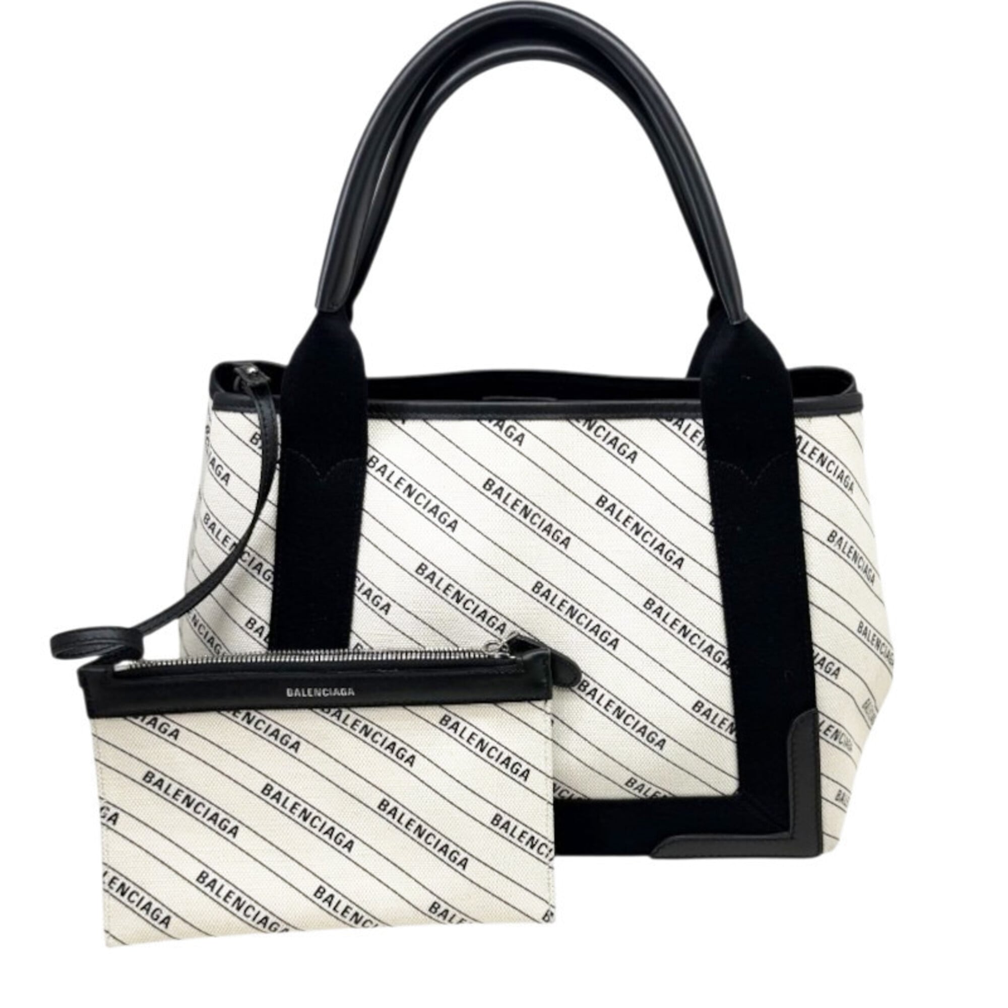 Balenciaga Black Ivory Canvas Leather Handbag Pouch (Pre-Owned)