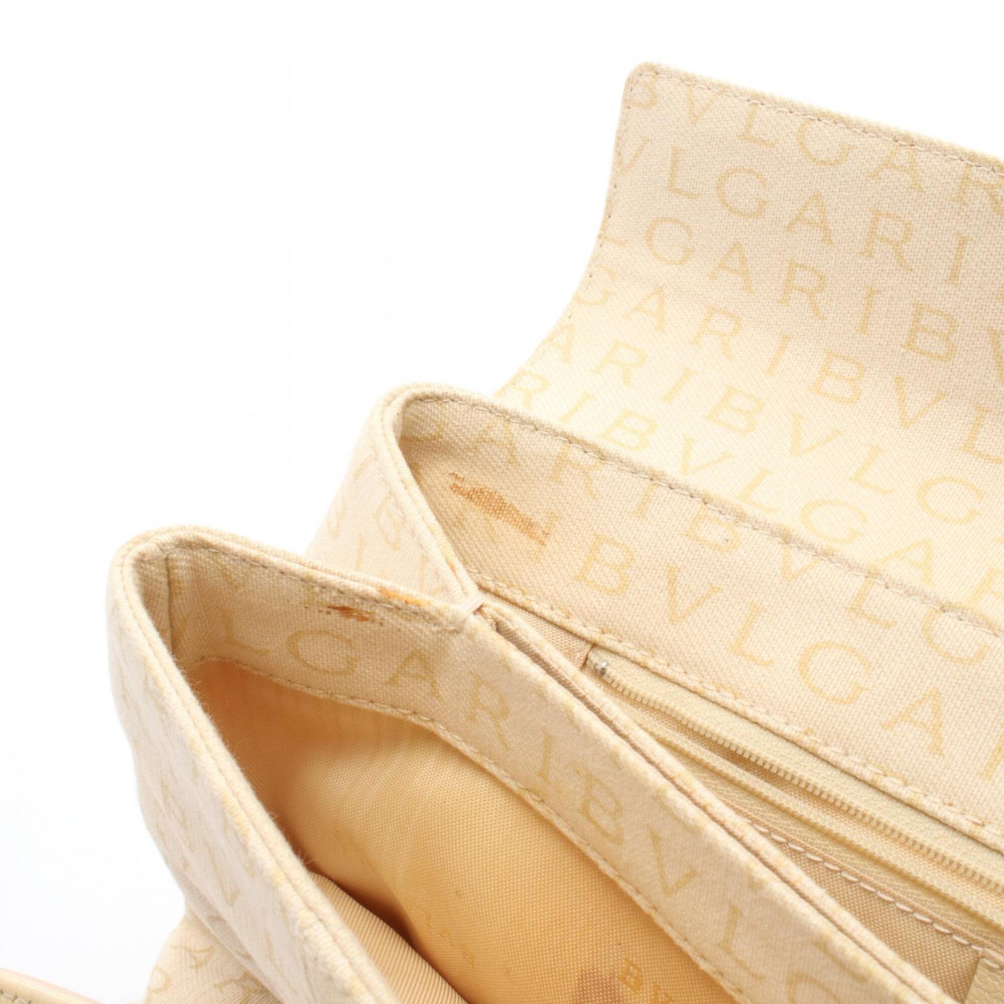 Bvlgari Logomania Beige Ivory Canvas Leather Handbag (Pre-Owned)