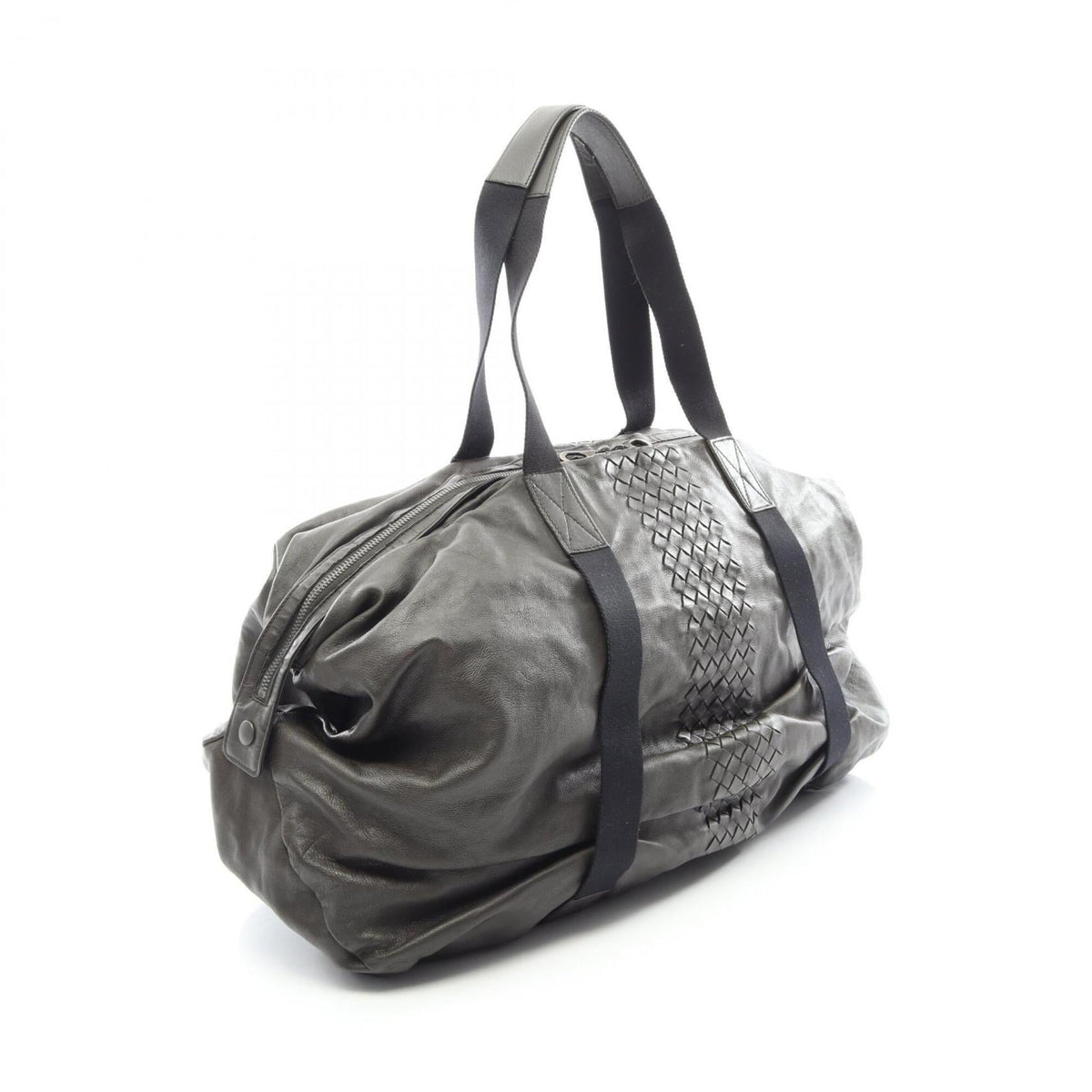 Bottega Veneta Intrecciato Brown Navy Leather Boston Bag (Pre-Owned)