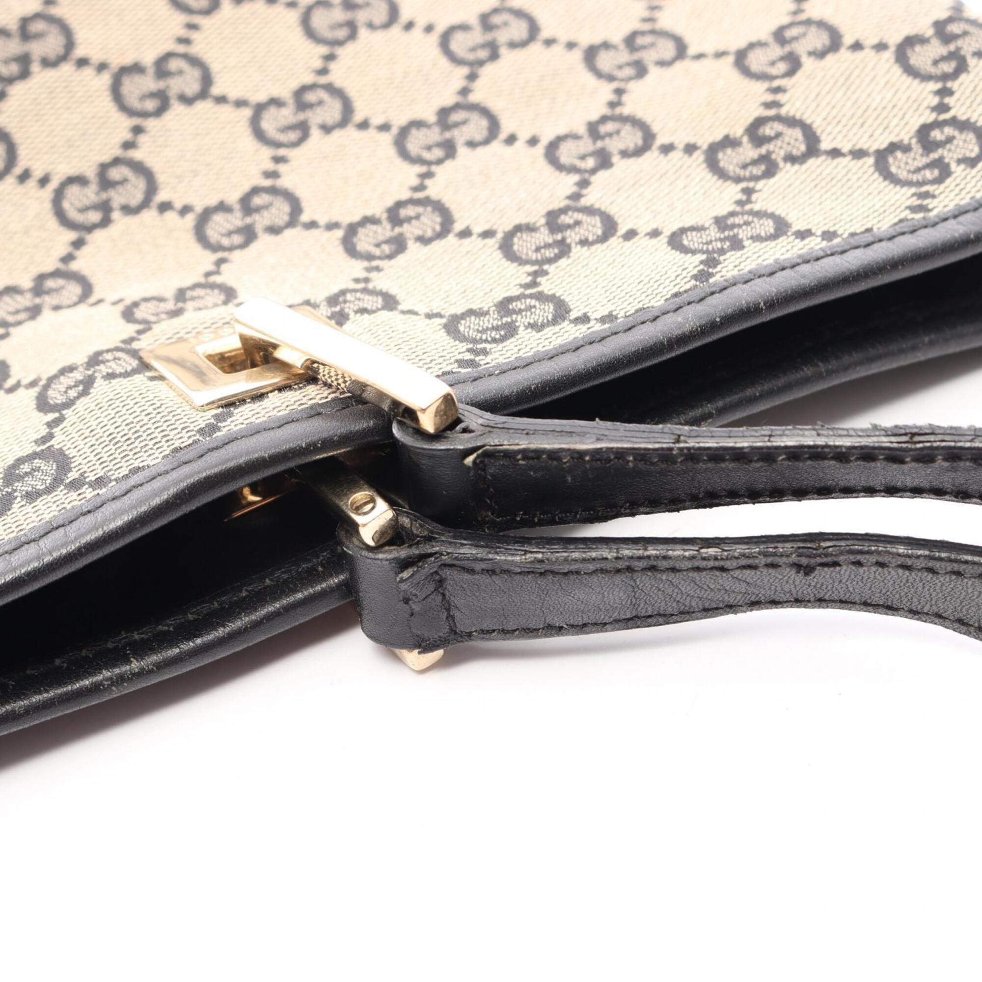 Gucci Beige Black Canvas Leather Handbag Tote Bag (Pre-Owned)