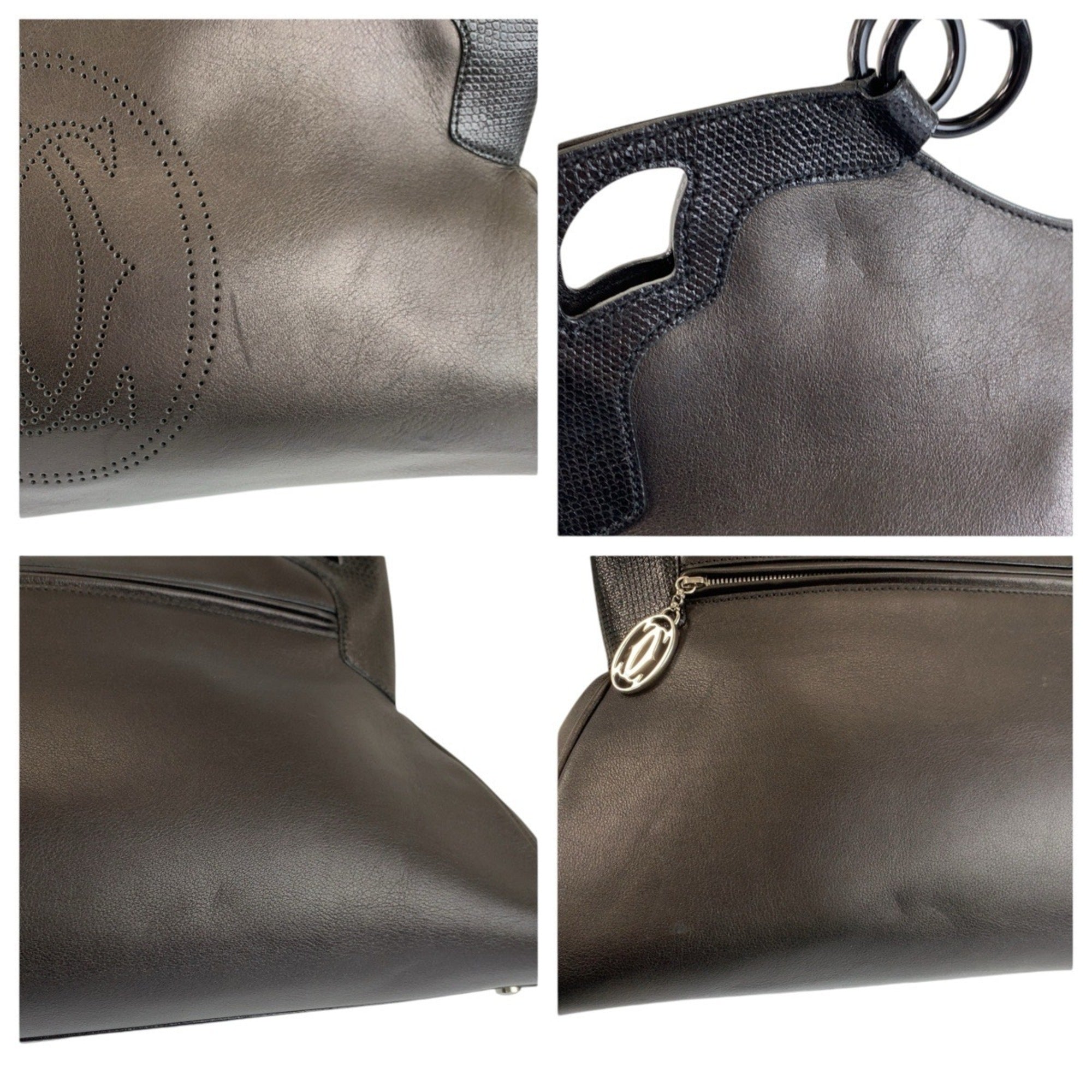 Cartier Black Leather Handbag Shoulder Bag Tote Bag (Pre-Owned)