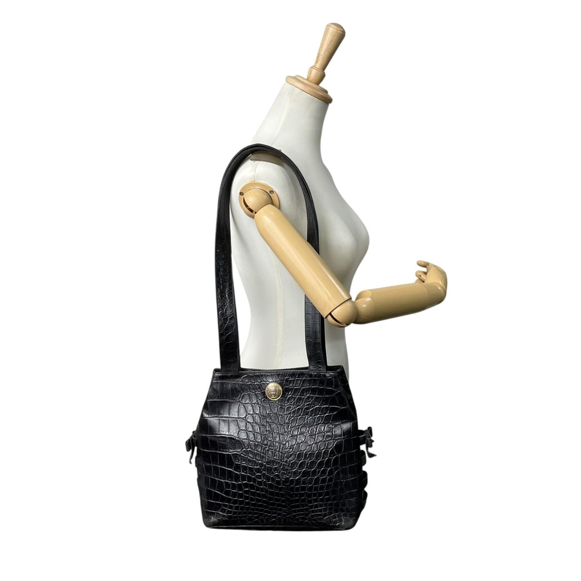Versace Black Leather Handbag Tote Bag (Pre-Owned)