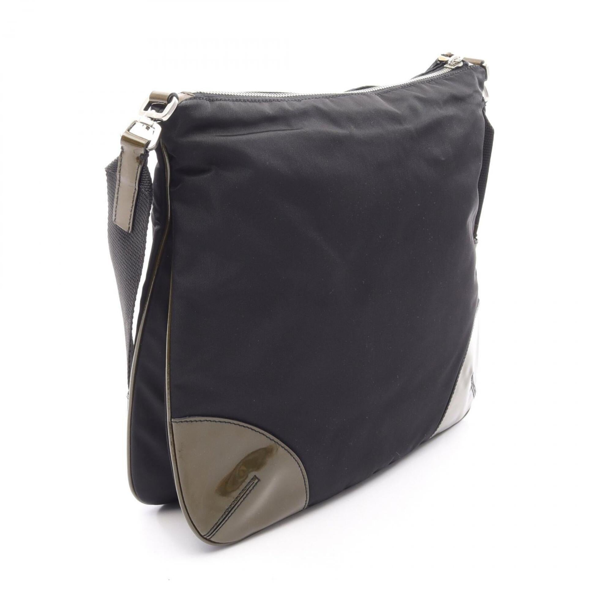 Prada Black Khaki Nylon Patent Leather Handbag Shoulder Bag (Pre-Owned)
