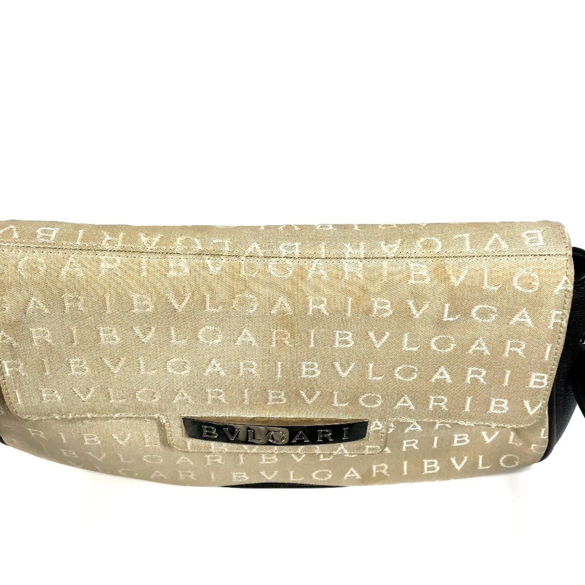 Bvlgari Logomania Beige Dark Brown Leather Canvas Handbag Shoulder Bag (Pre-Owned)