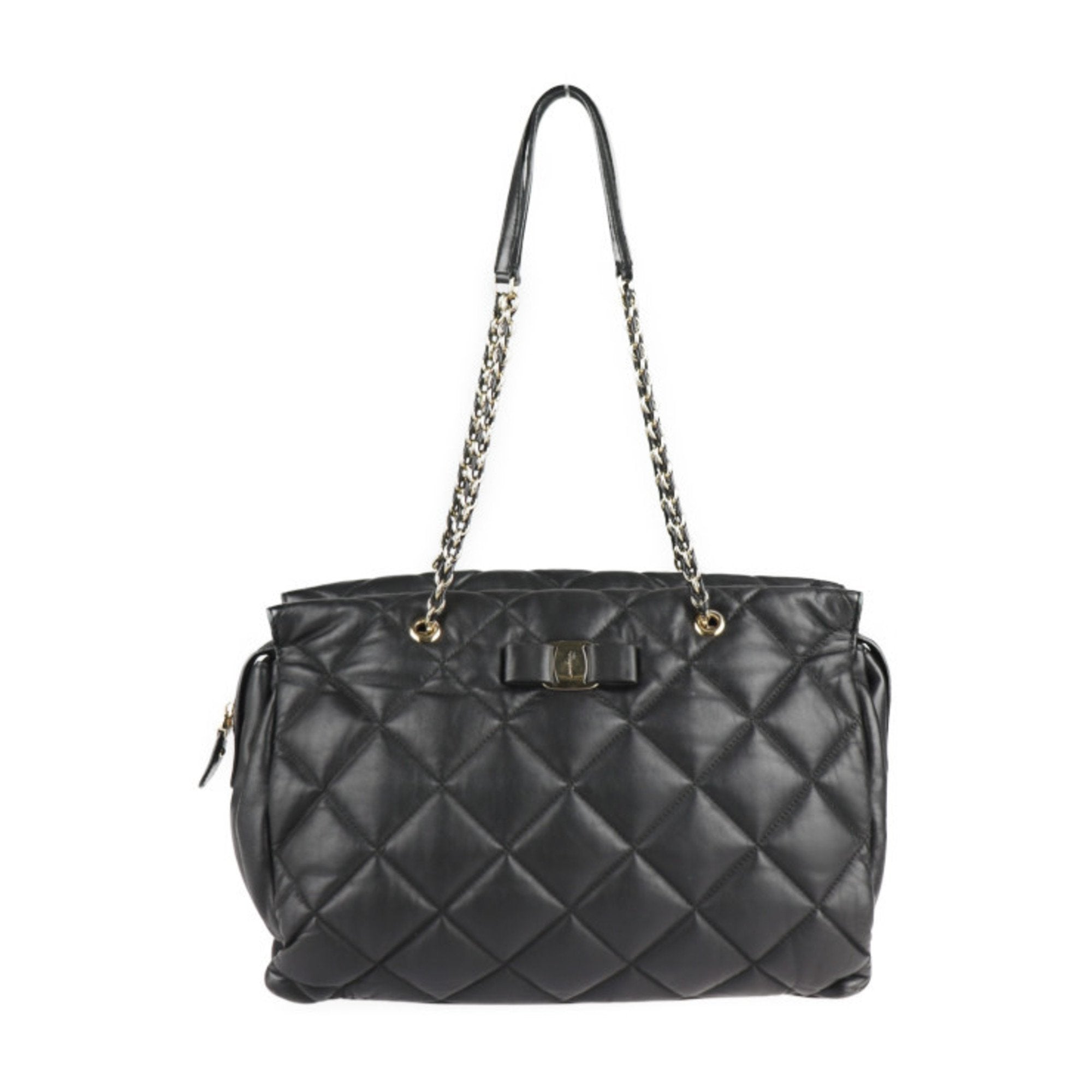 Salvatore Ferragamo Vara Black Leather Handbag Shopping Bag Shoulder Bag Tote Bag (Pre-Owned)