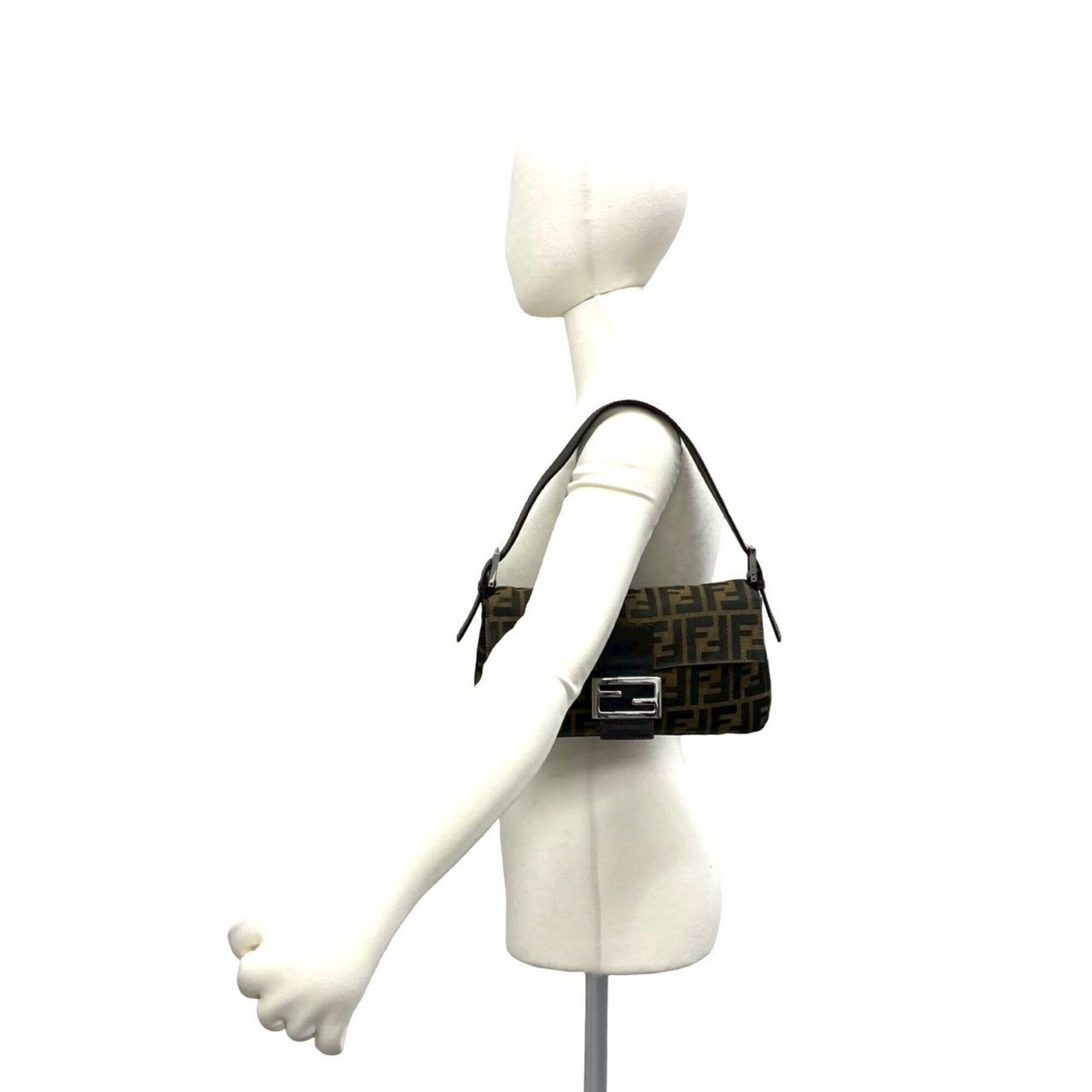 Fendi Black Brown Khaki Canvas Leather Handbag Shoulder Bag (Pre-Owned)
