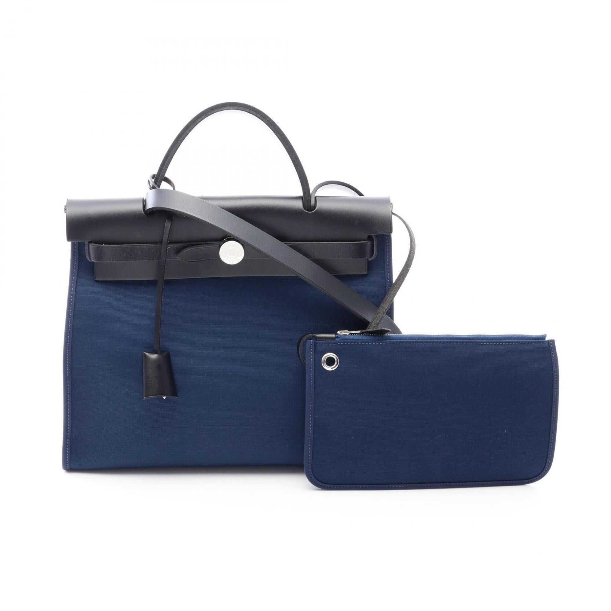 Hermes Black Navy Canvas Leather Handbag (Pre-Owned)