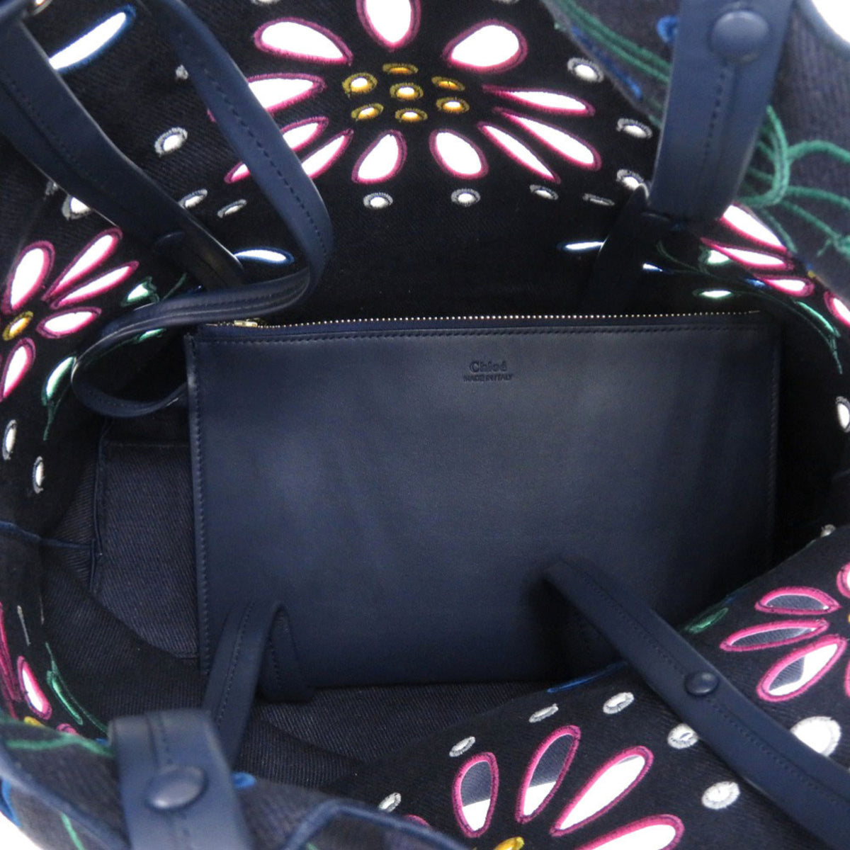 Chloé Green Navy Pink Linen Pouch Tote Bag (Pre-Owned)