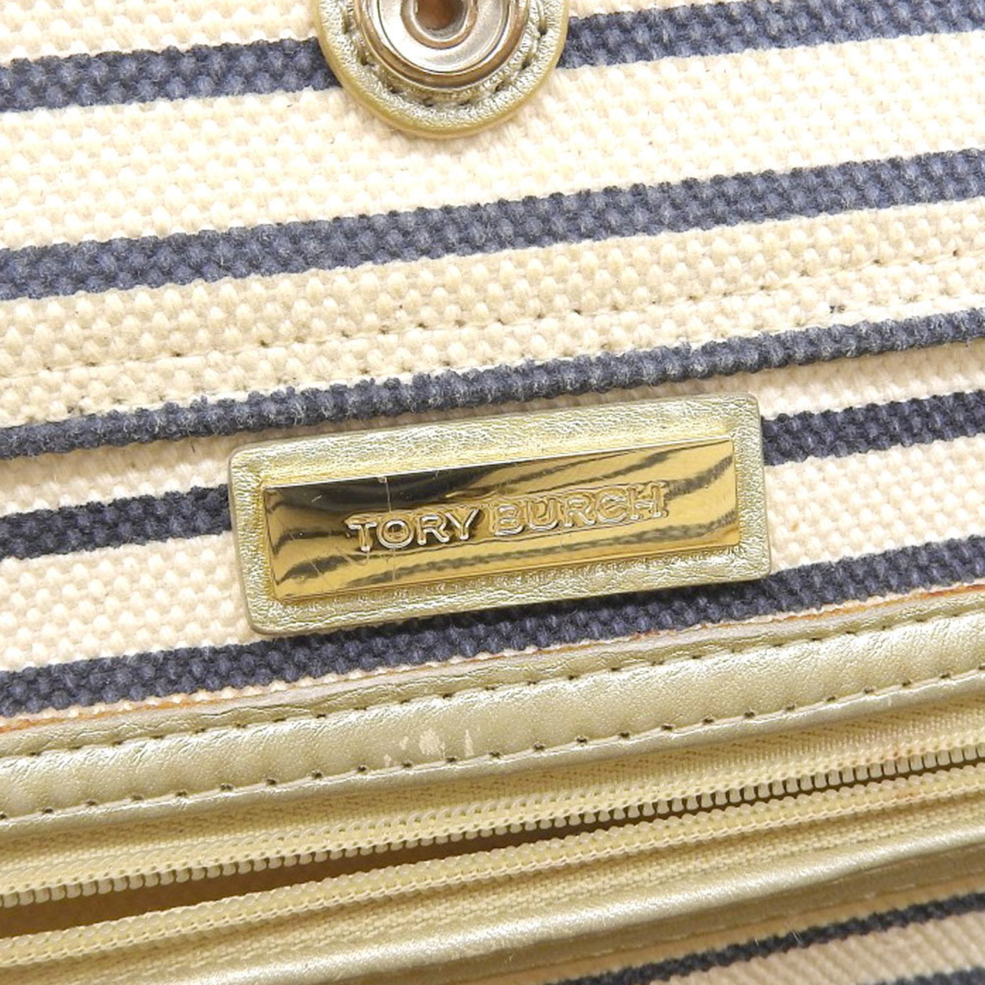 Tory Burch Navy White Canvas Handbag Tote Bag (Pre-Owned)